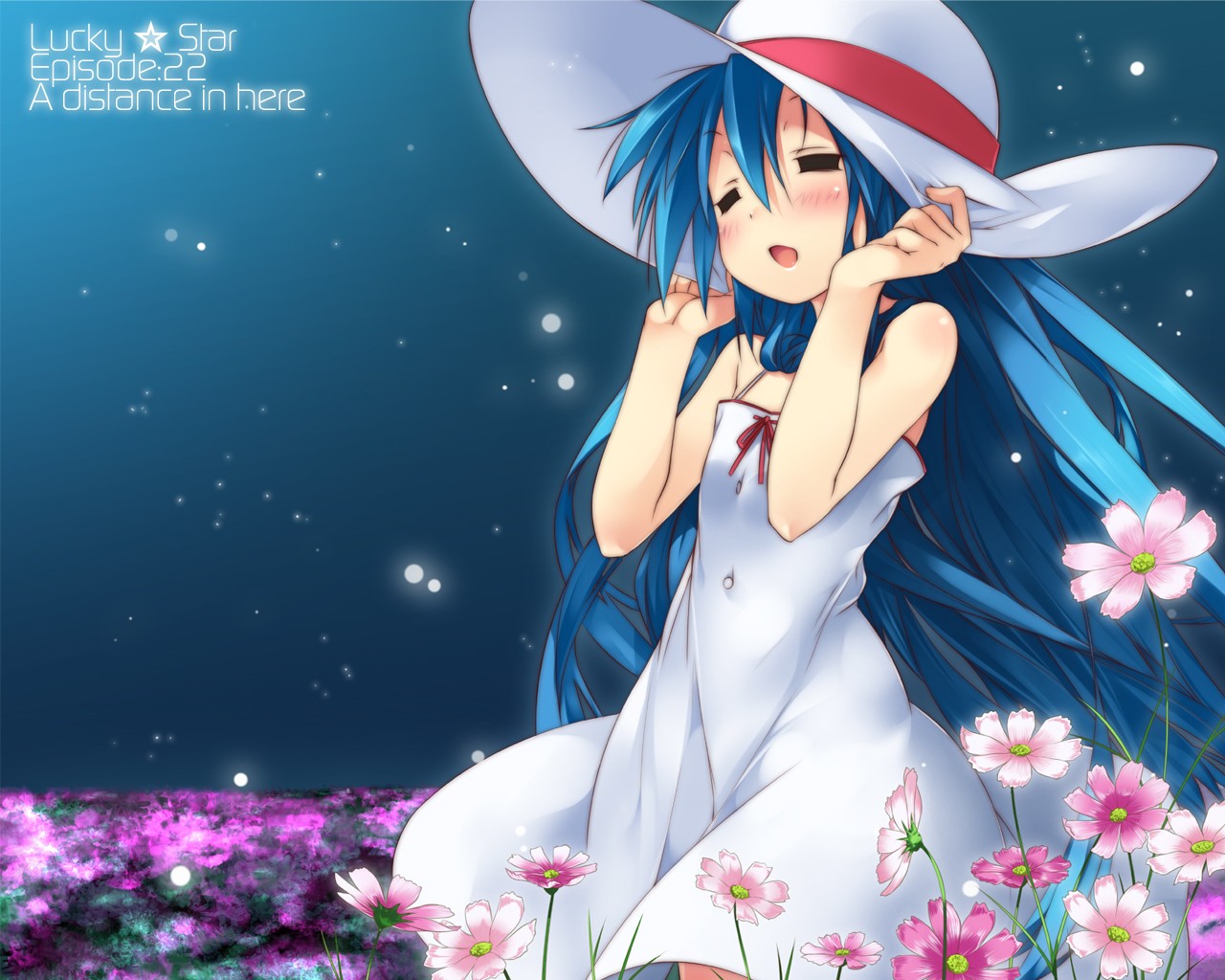 Anime 1280x1024 anime girls Lucky Star Izumi Konata hat flowers blue hair anime women with hats closed eyes plants stars long hair