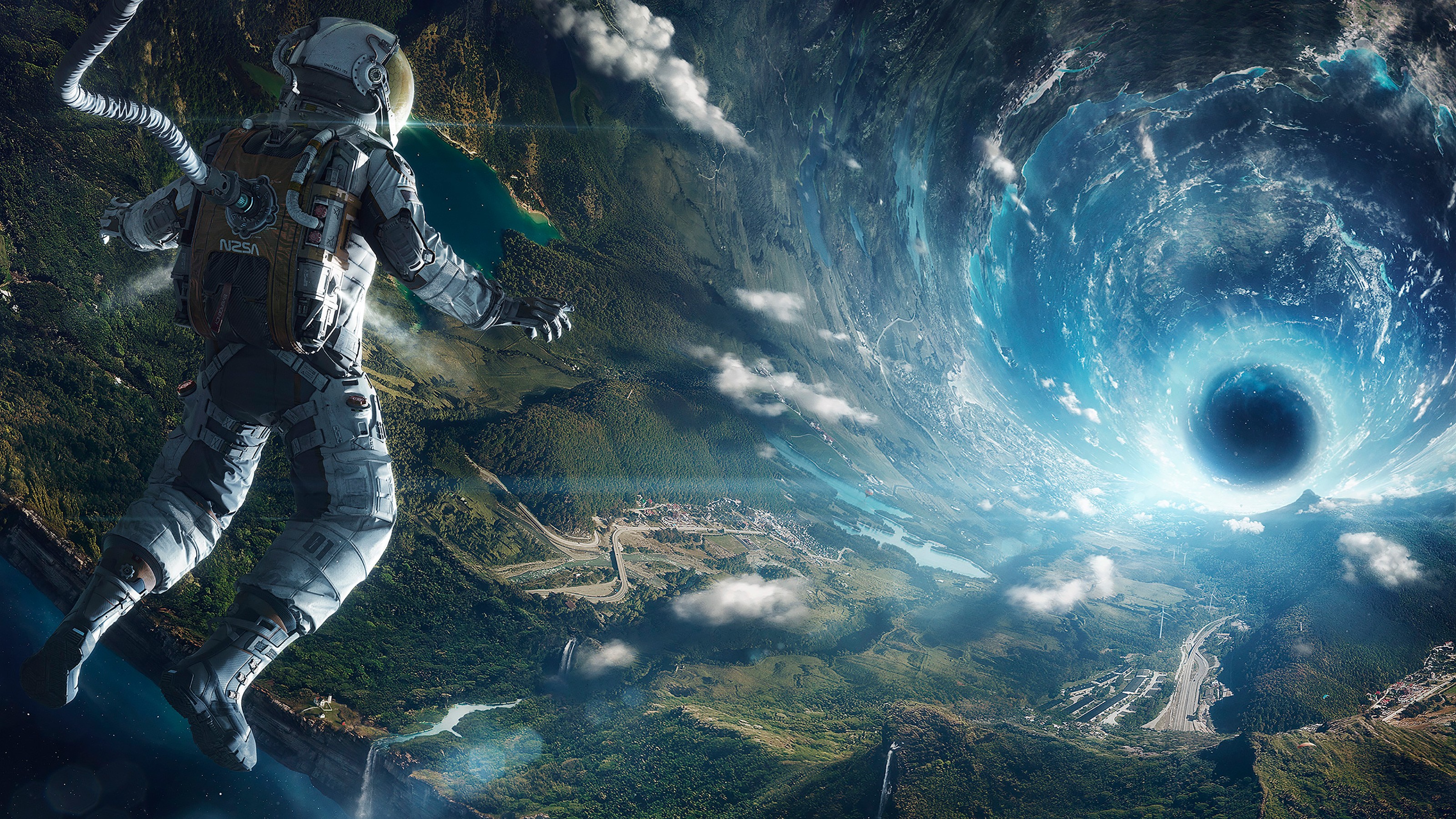 General 3200x1800 artificial gravity digital art astronaut landscape clouds nature forest stars futuristic tunnel wormholes black holes
