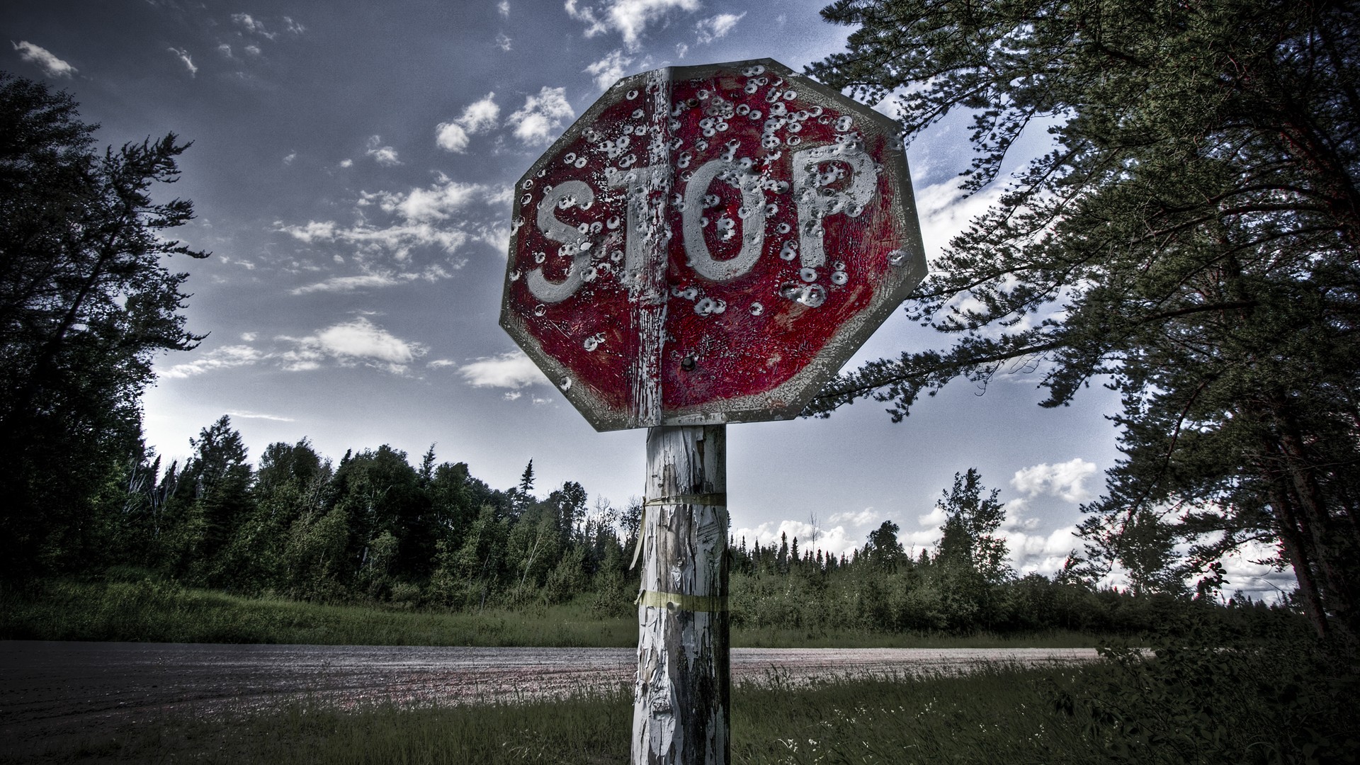 General 1920x1080 stop sign forest road signs bullet holes