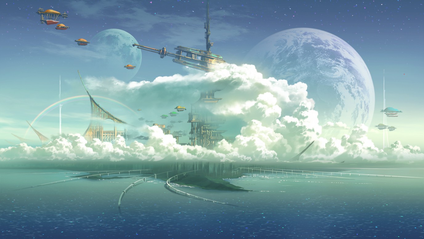 Anime 1377x778 anime fantasy art sky planet futuristic city clouds