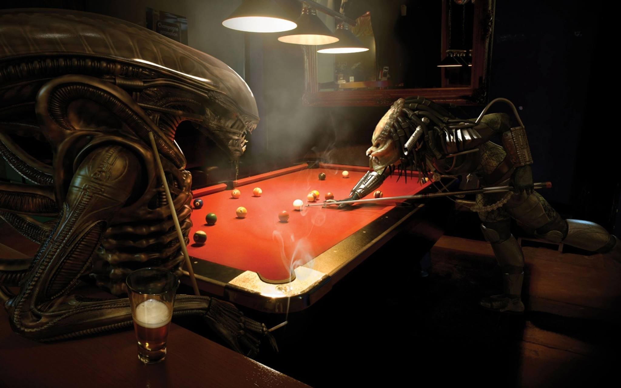 General 2048x1280 Alien vs. Predator digital art predator (creature) Xenomorph billiard balls billiards creature beer CGI