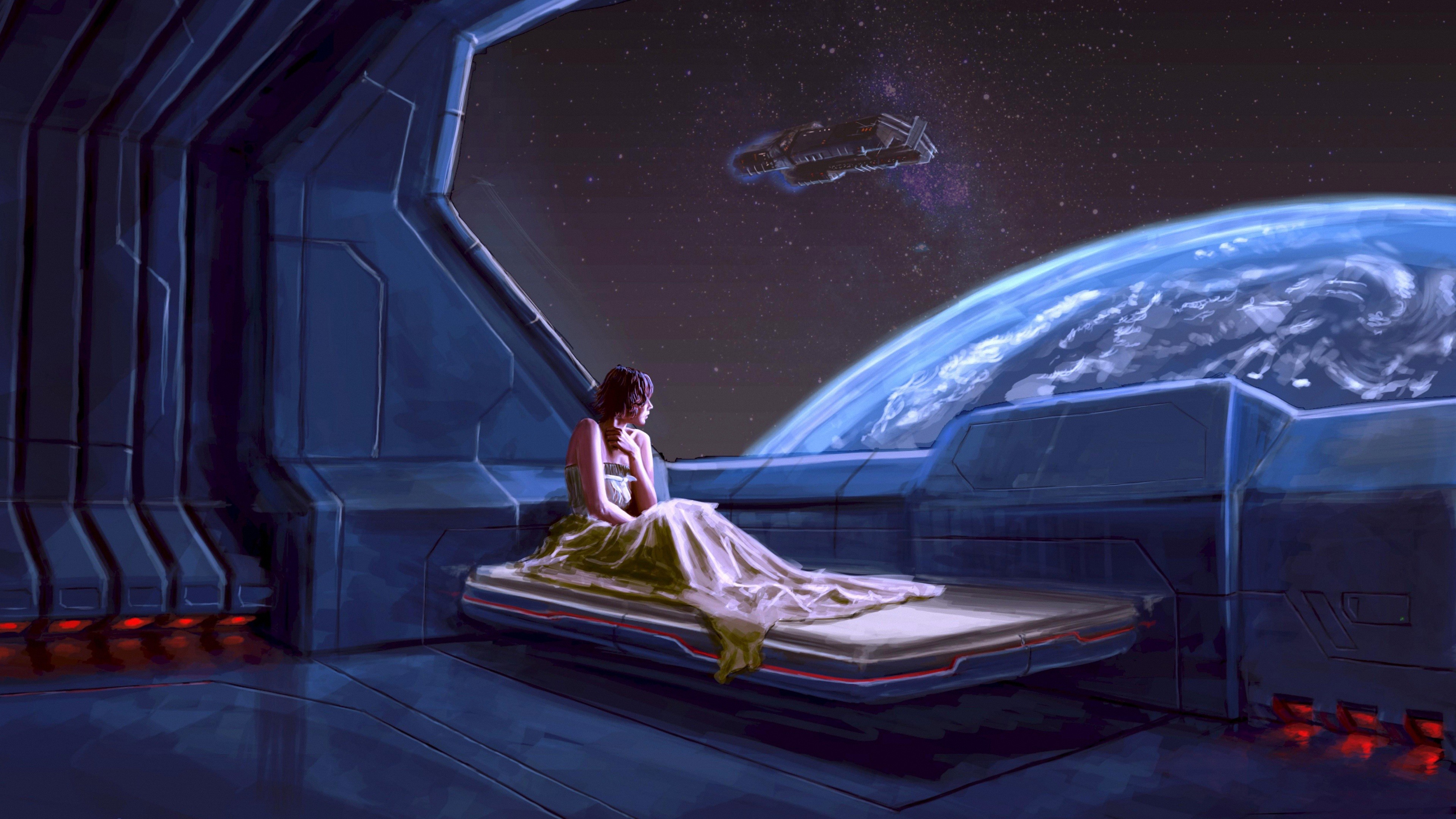 General 3840x2160 artwork science fiction futuristic planet women bed science fiction women digital art