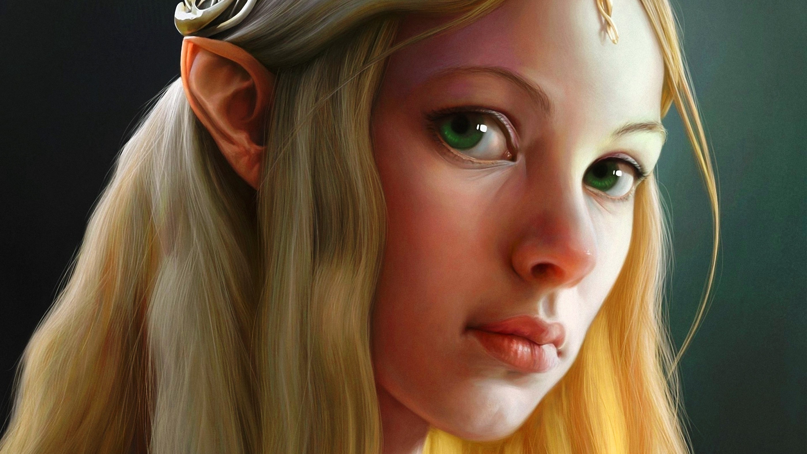 General 2800x1575 fantasy art fantasy girl face green eyes blonde artwork pointy ears closeup looking at viewer women long hair