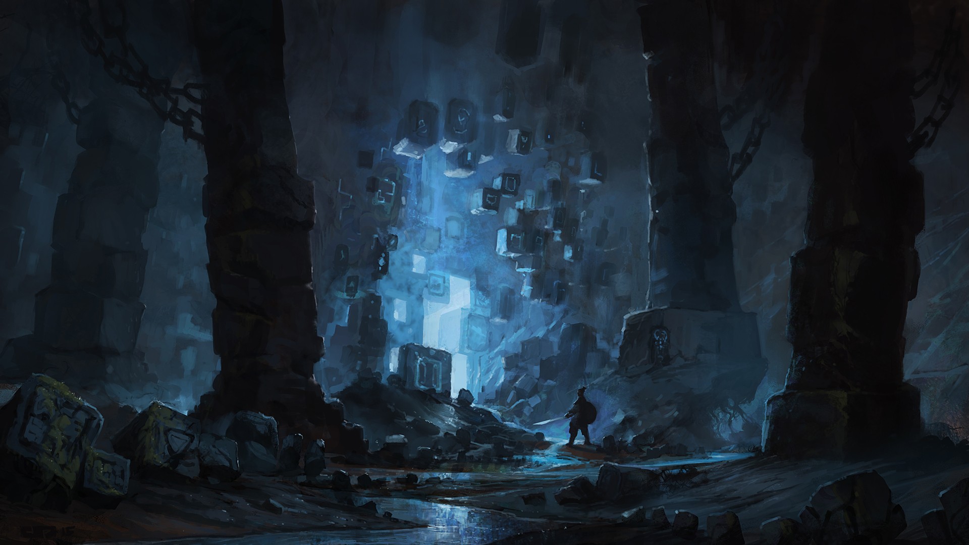 General 1920x1080 science fiction fantasy art blue cave cyan artwork