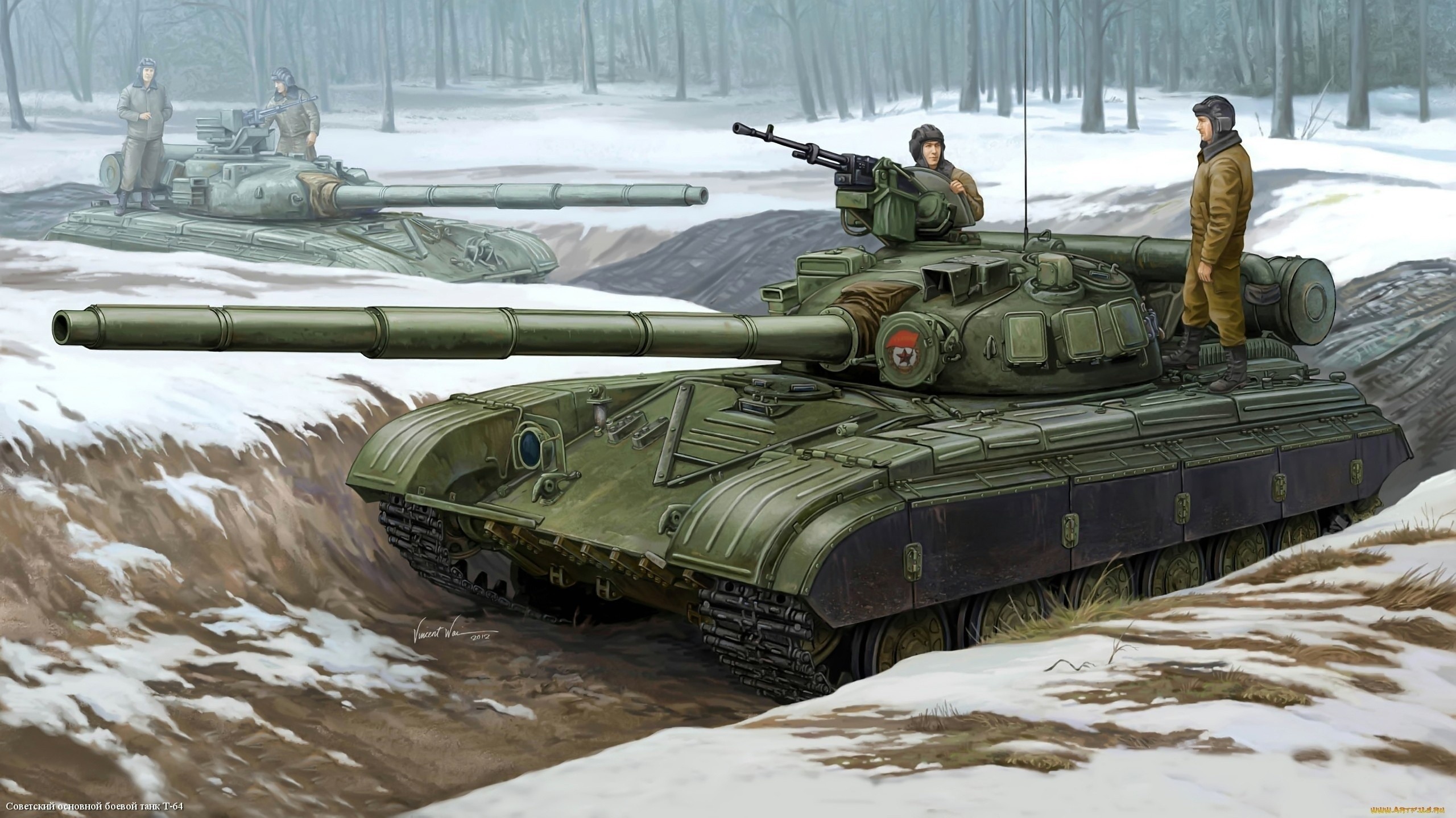 General 2560x1440 tank military winter snow forest artwork war soldier vehicle military vehicle Soviet Army USSR Vincent Wai T-64 trenches Boxart signature watermarked Russian/Soviet aircraft digital art