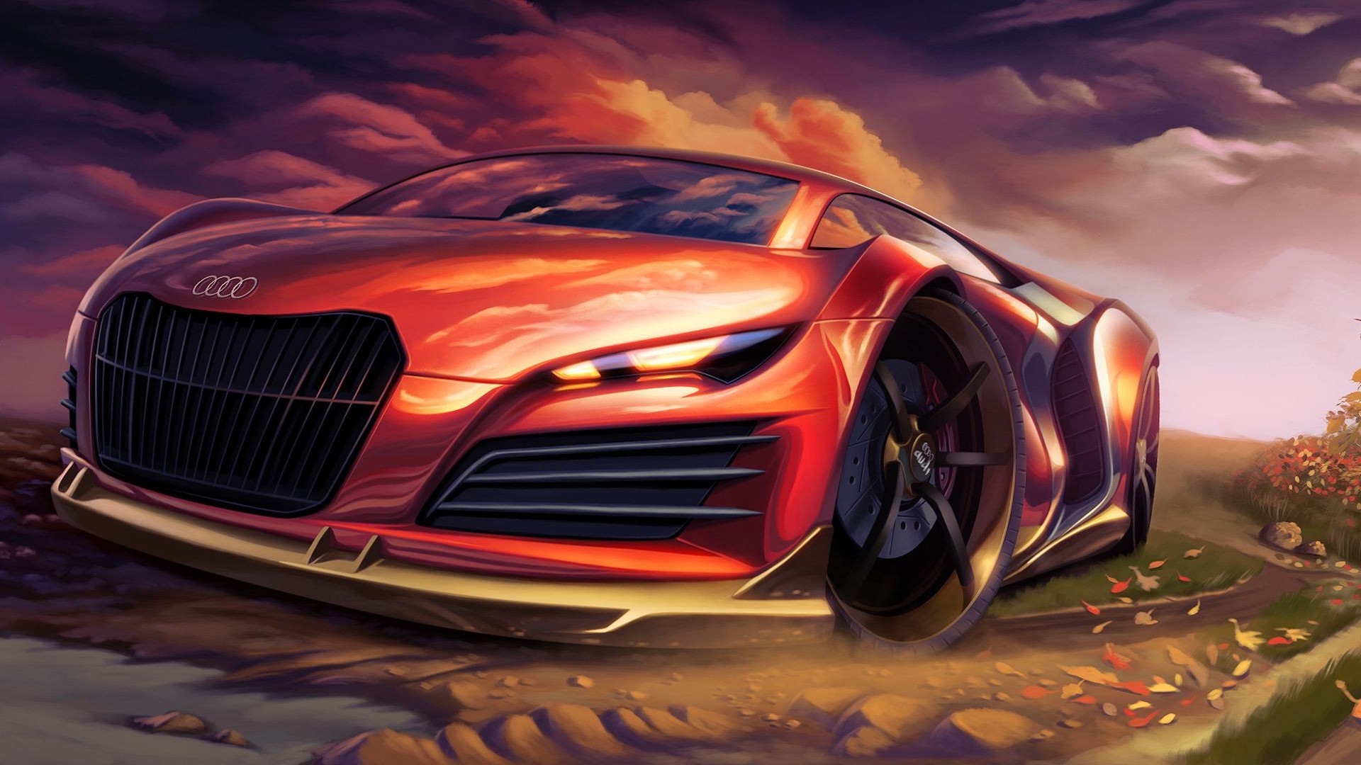 General 1920x1080 car sports car concept cars digital art painting Audi nature clouds leaves road vehicle DeviantArt red cars