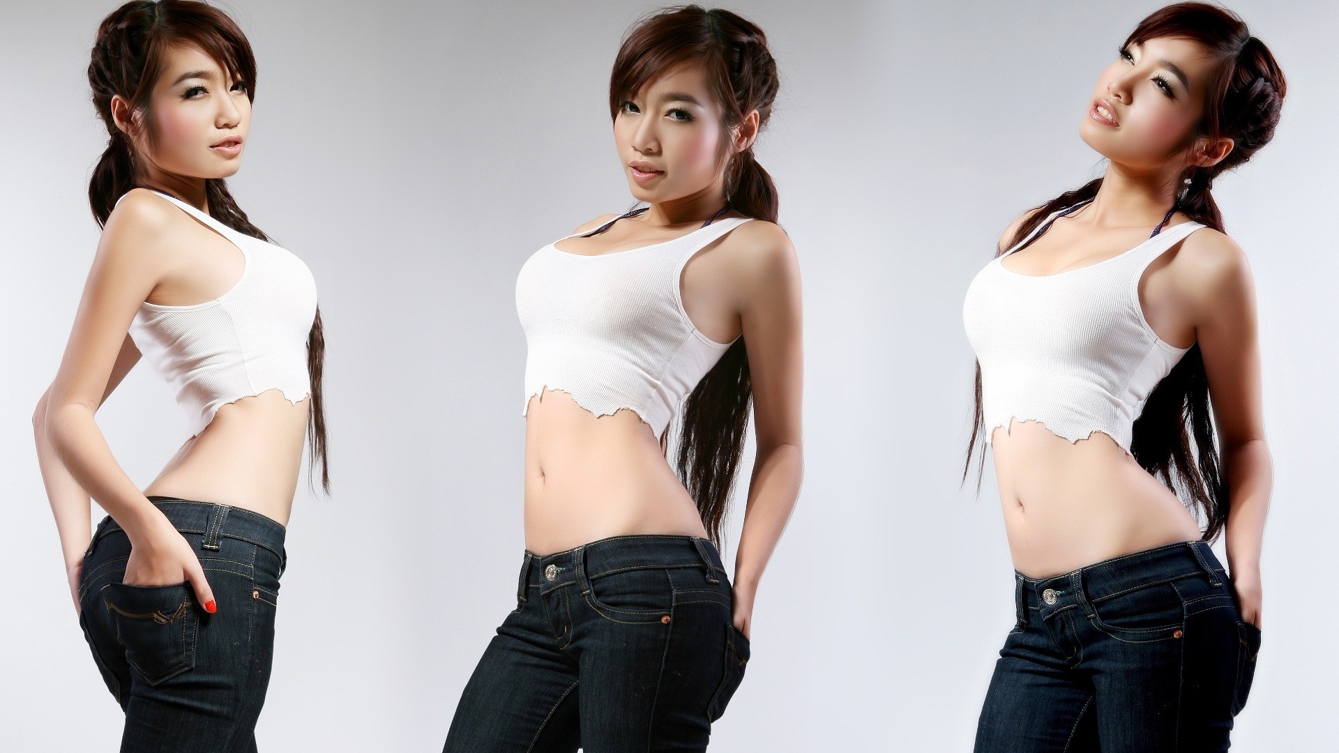 People 1920x1080 Asian elly tran ha Vietnamese collage Vietnamese women women indoors indoors gray background simple background torn clothes white tops belly slim body looking at viewer juicy lips jeans red nails women brunette