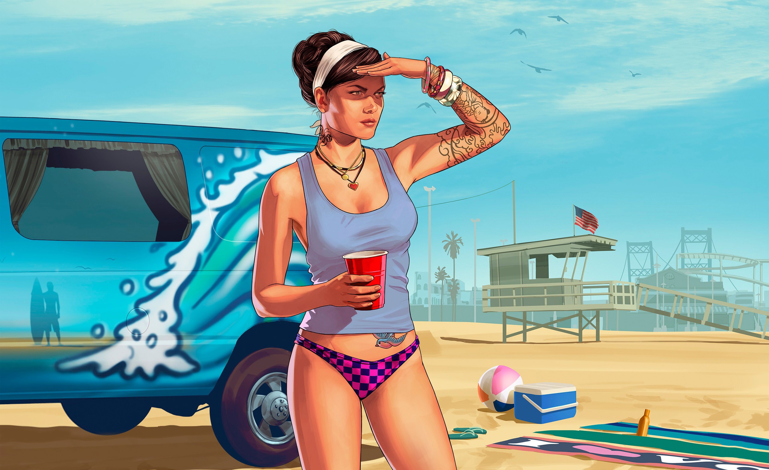 General 2560x1566 Grand Theft Auto V Grand Theft Auto video games PC gaming beach women bikini video game art Rockstar Games bikini bottoms looking into the distance inked girls necklace car vehicle brunette women with cars women on beach video game girls