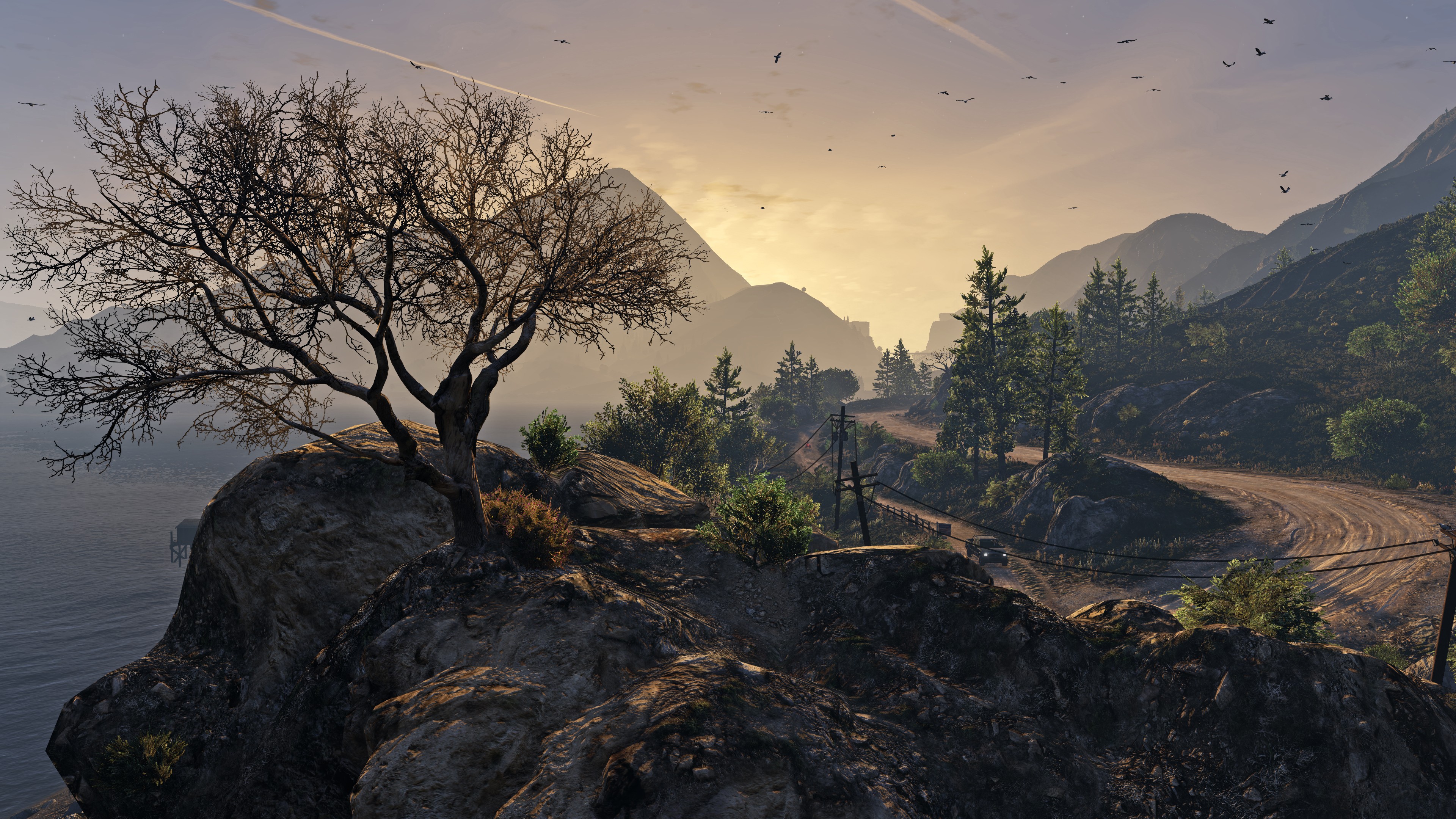 General 3840x2160 Grand Theft Auto Grand Theft Auto V video games trees birds car mountains Rocky Mountains Rockstar Games screen shot PC gaming landscape