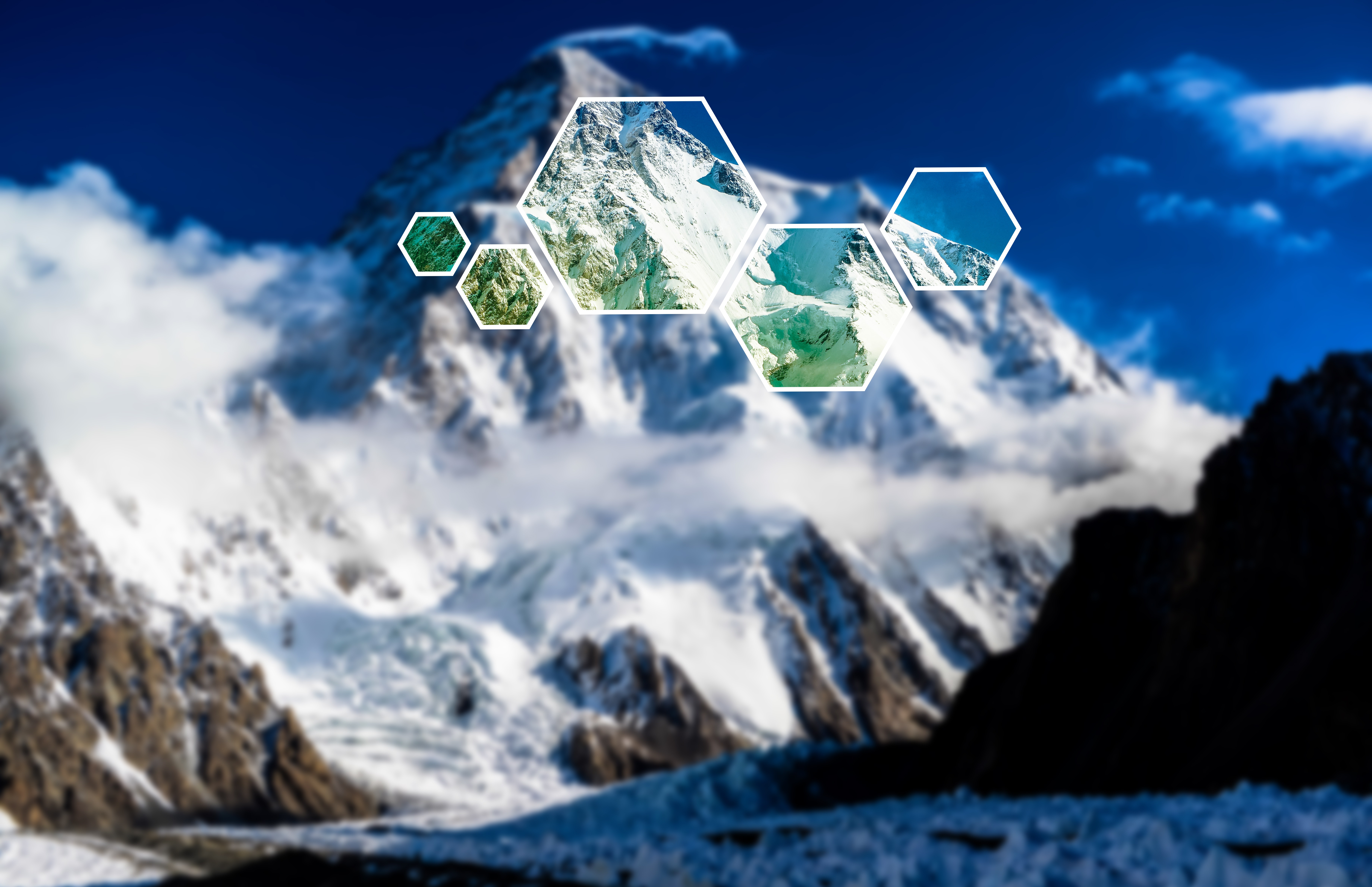 General 7360x4760 mountains hexagon blurred digital art snowy peak nature geometric figures