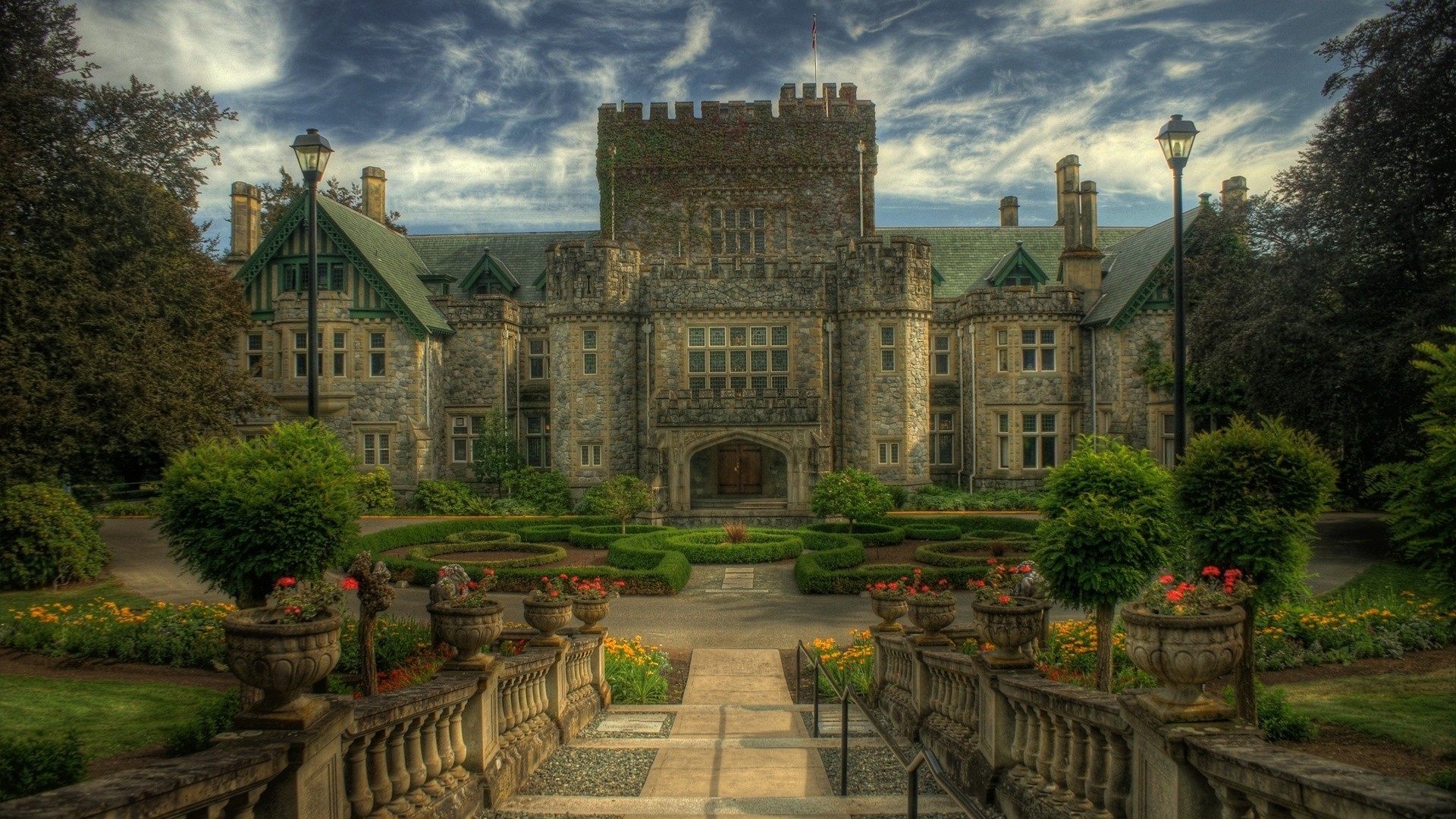 General 1920x1080 architecture castle trees Canada HDR park clouds flowers fence