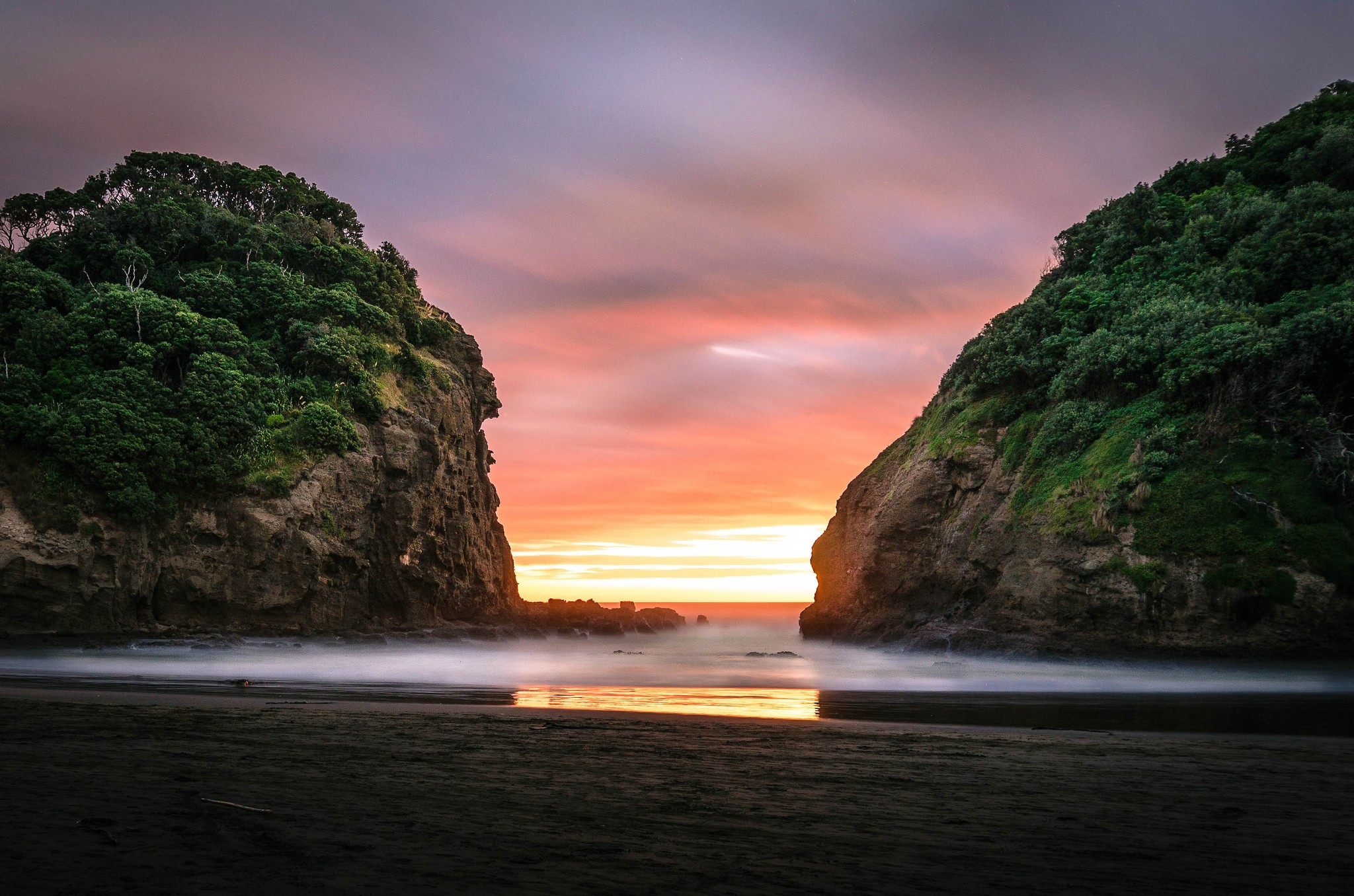 General 2048x1356 nature landscape sunset beach sea rocks sand clouds New Zealand long exposure trees low light