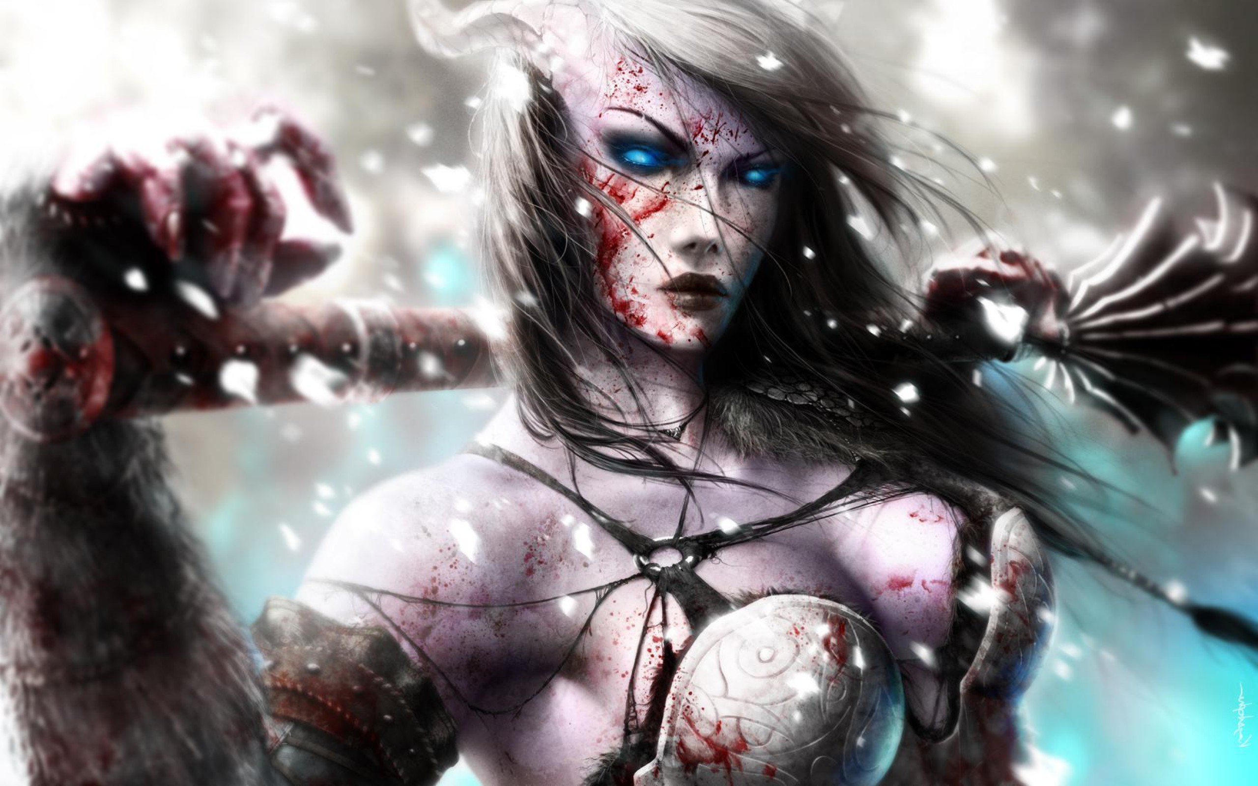 General 2560x1600 realistic warrior women blue eyes Dranei fantasy art fantasy girl dark hair blood boobs cleavage glowing eyes