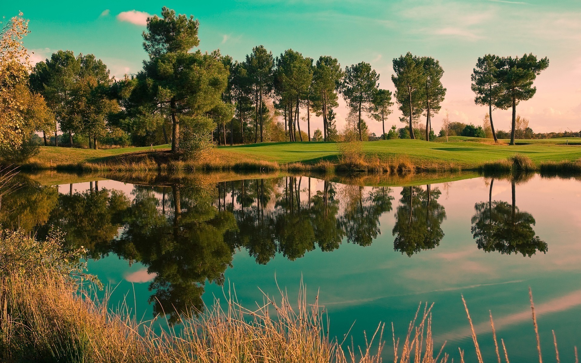 General 1920x1200 nature landscape reflection trees pond golf course pine trees water outdoors sunlight