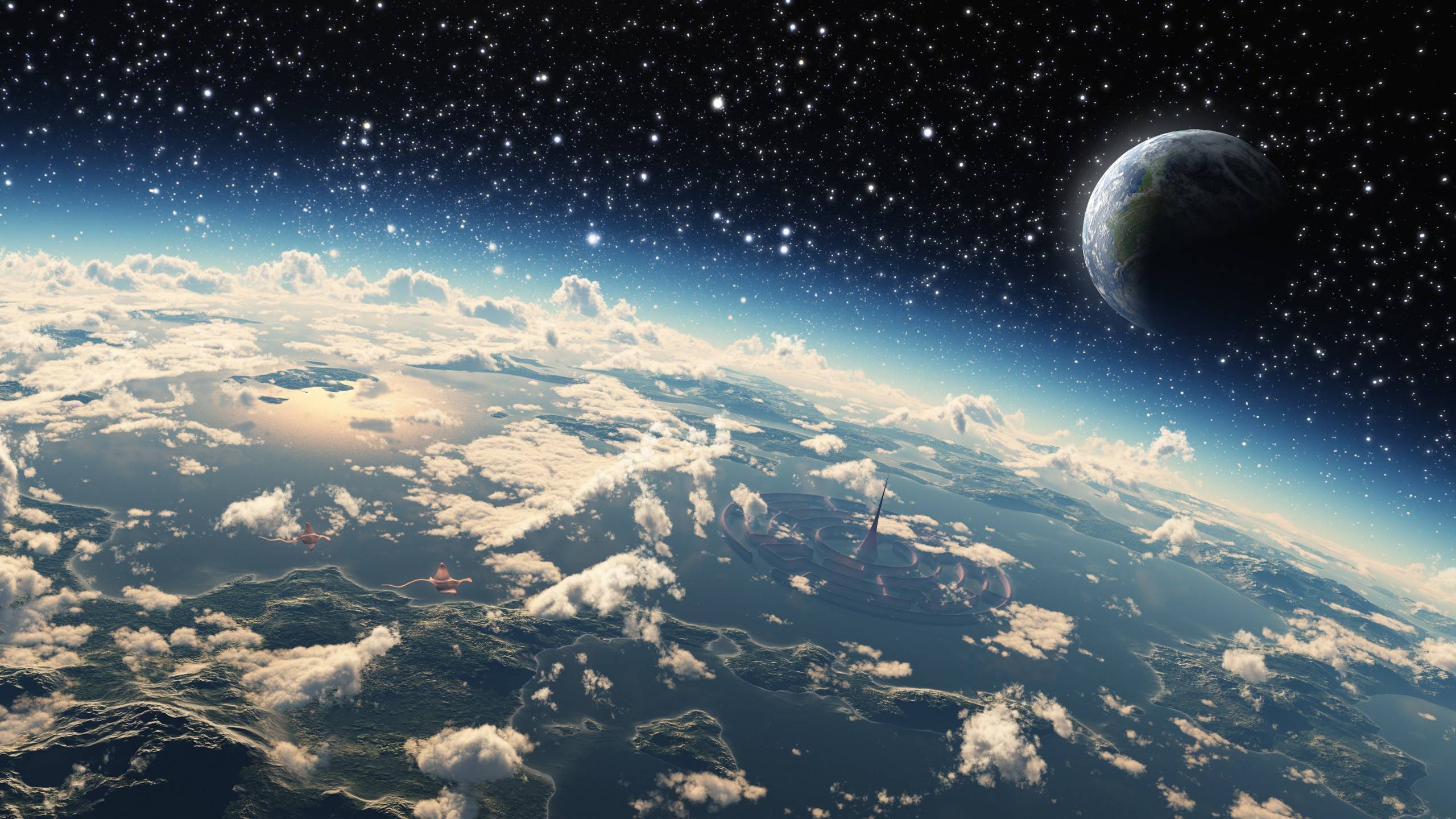 General 2560x1440 stars space art planet clouds atmosphere science fiction futuristic space city digital art