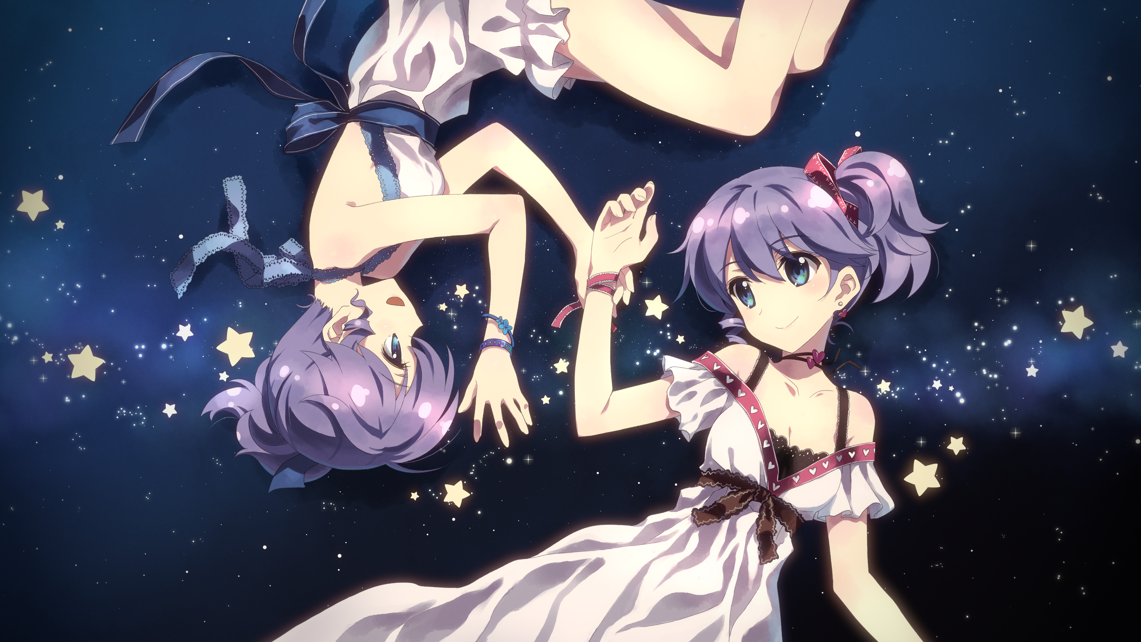 Anime 3840x2160 DJ Max anime girls purple hair blue eyes anime two women stars sky dress