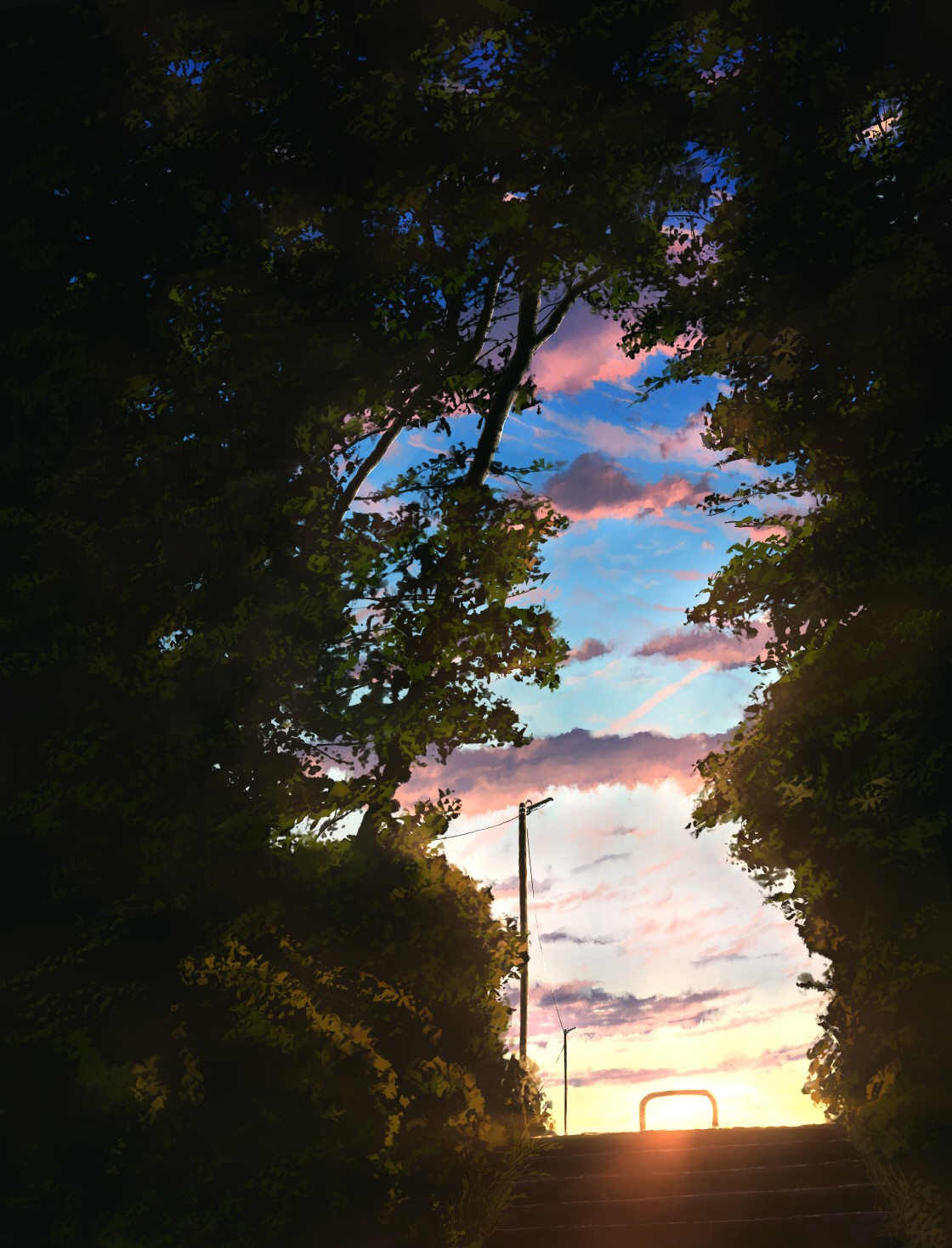 Anime 1120x1468 anime sky outdoors trees street sunset