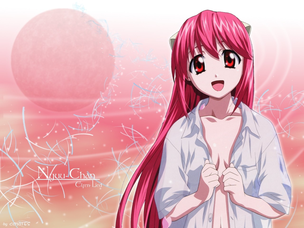 Anime 1280x960 Elfen Lied Nyu anime anime girls red eyes pink hair cleavage long hair open mouth