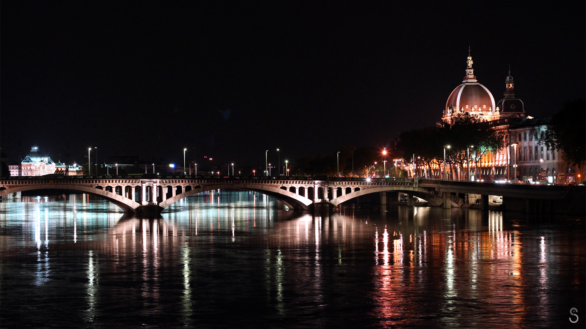 General 1920x1080 Lyon France photography night colorful lights bridge water architecture sky