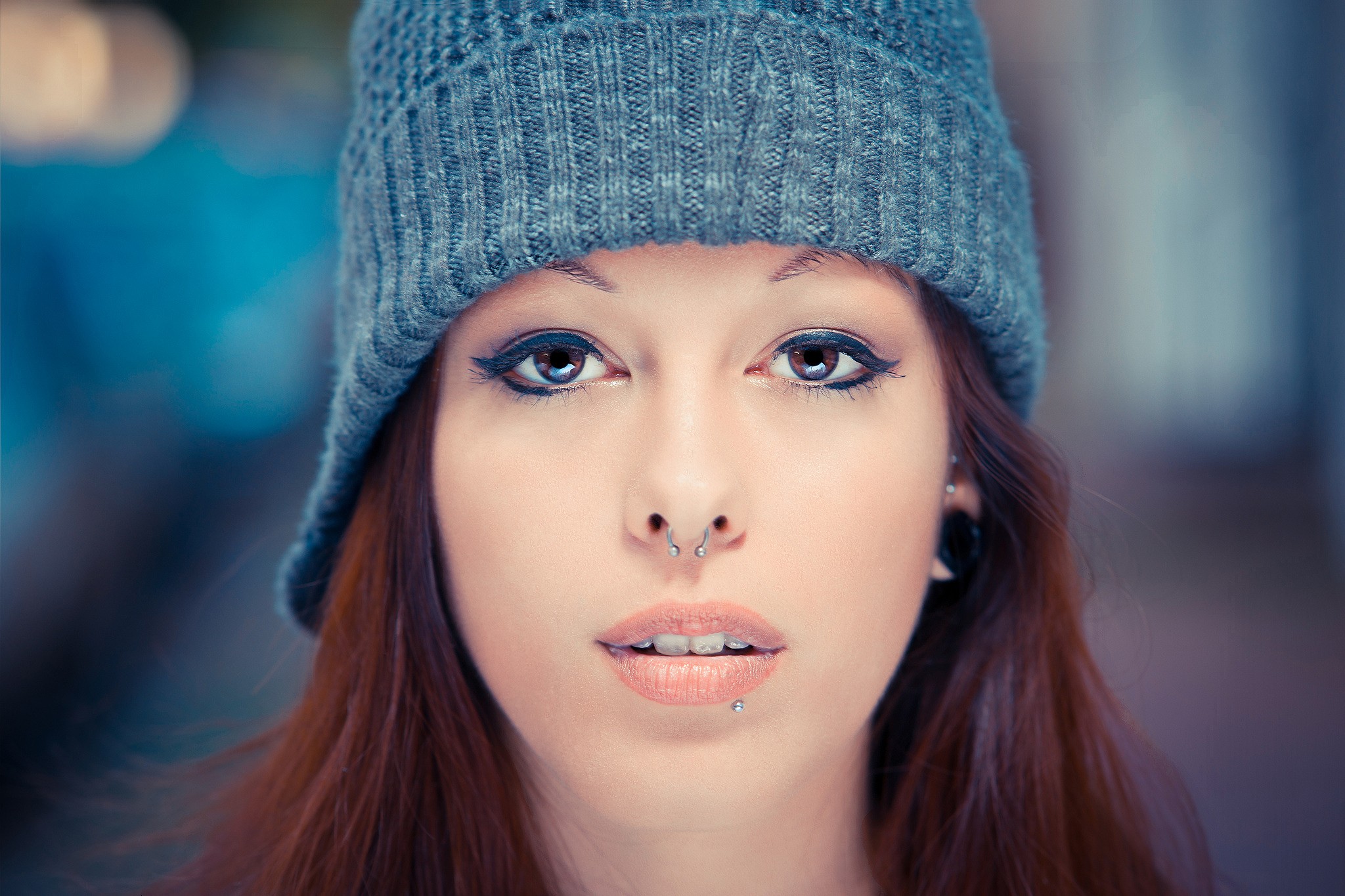 People 2048x1365 women piercing makeup model face pierced nose nose ring wool cap looking at viewer closeup
