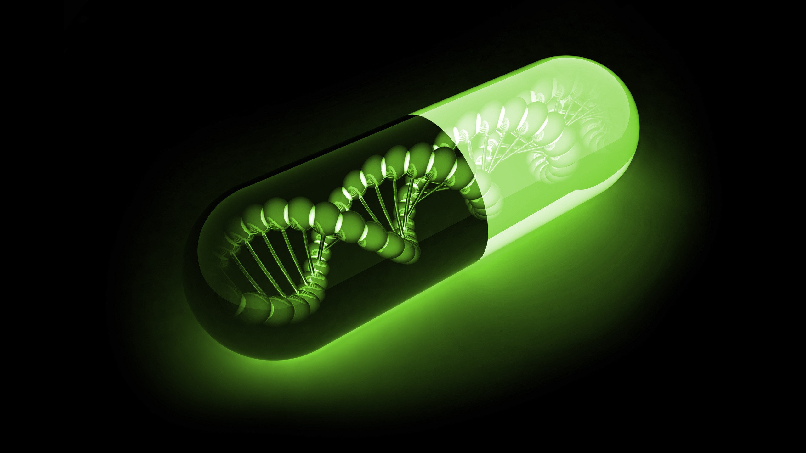 General 2560x1440 science digital art pills green simple background CGI DNA