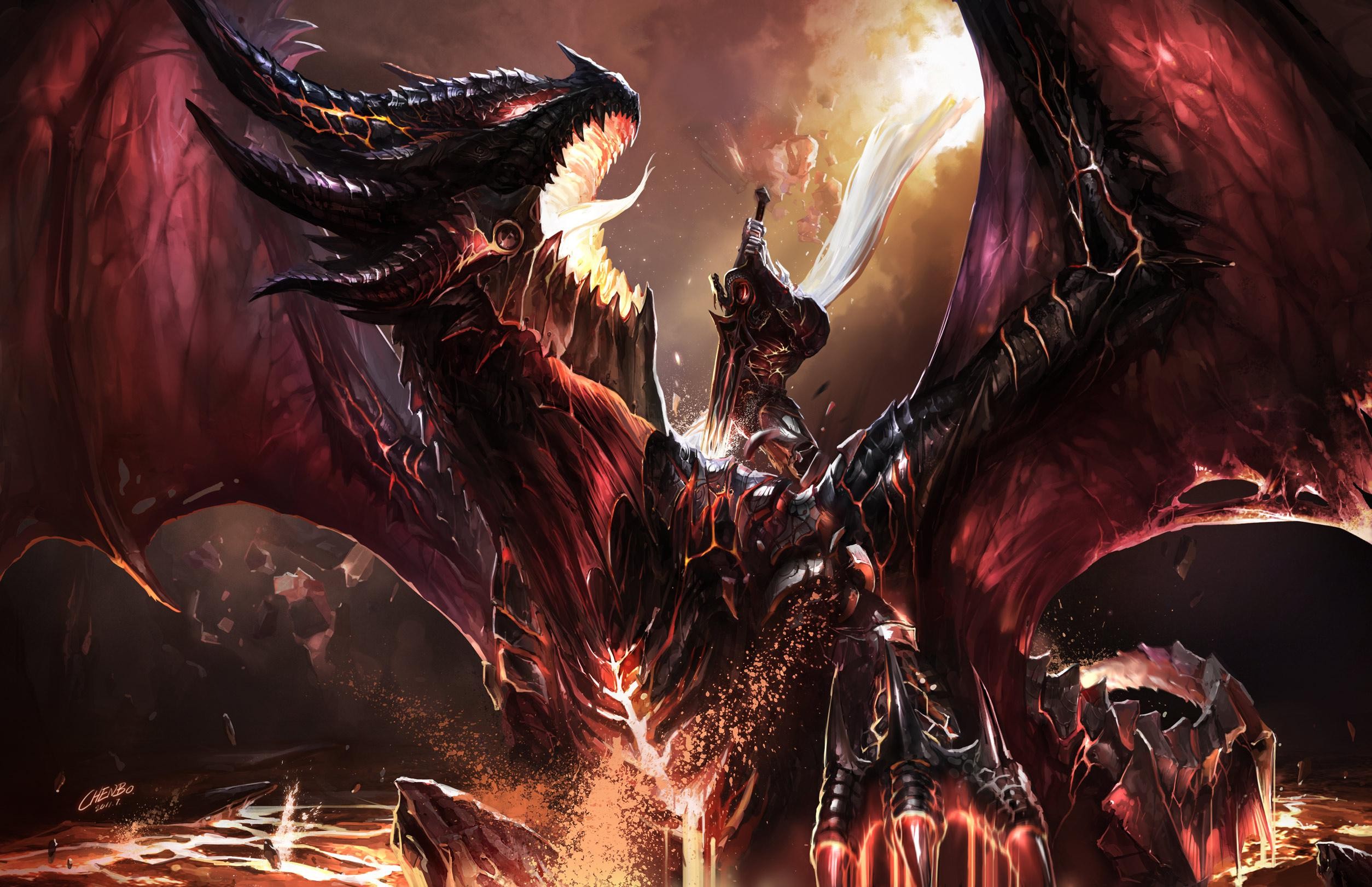 General 2508x1622 dragon Deathwing sword World of Warcraft video games fantasy art Chenbo PC gaming creature DeviantArt video game art