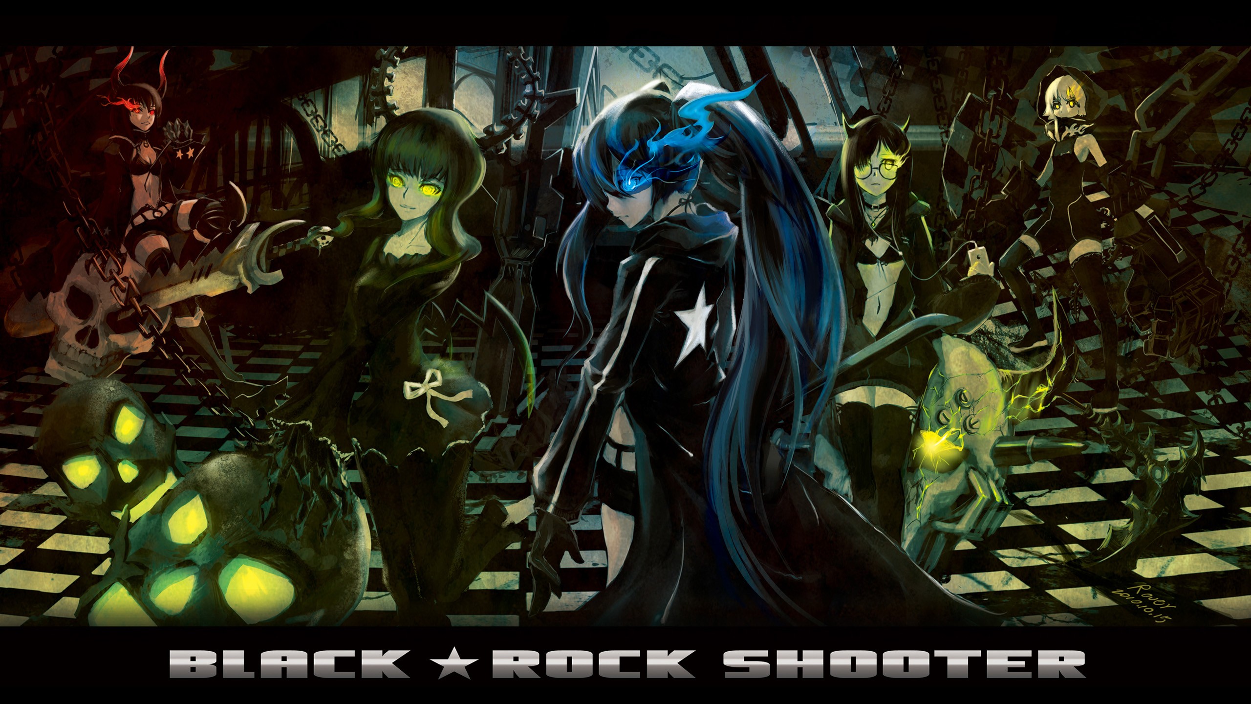 Anime 2560x1440 Black Rock Shooter anime girls anime Dead Master Black Gold Saw Strength (Black Rock Shooter) green eyes skull chains sword dark hair long hair blue eyes