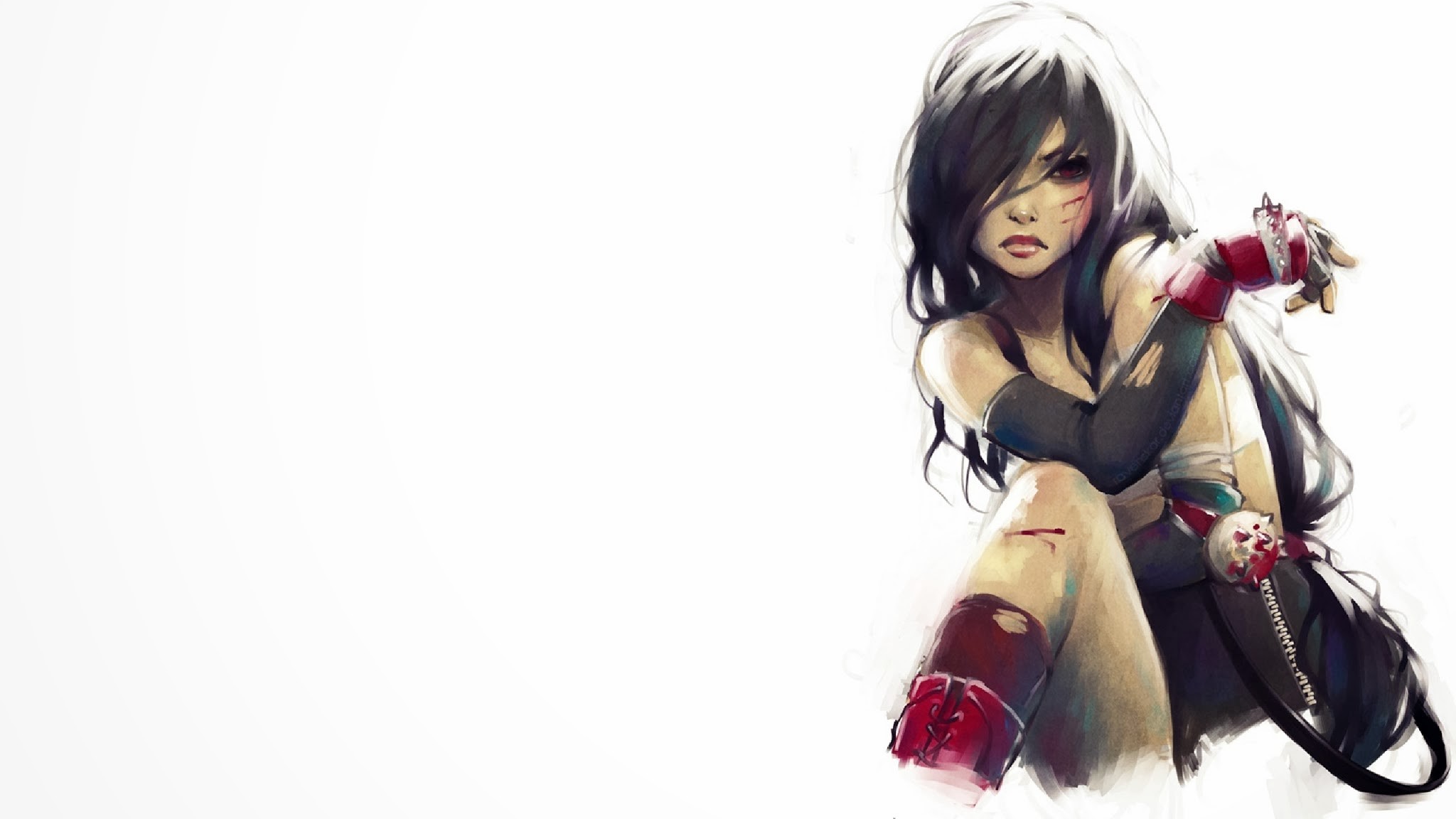 General 2048x1152 painting Tifa Lockhart video games Final Fantasy vmbui video game girls video game art simple background white background dark hair hair over one eye red eyes wounds blood fingerless gloves looking at viewer