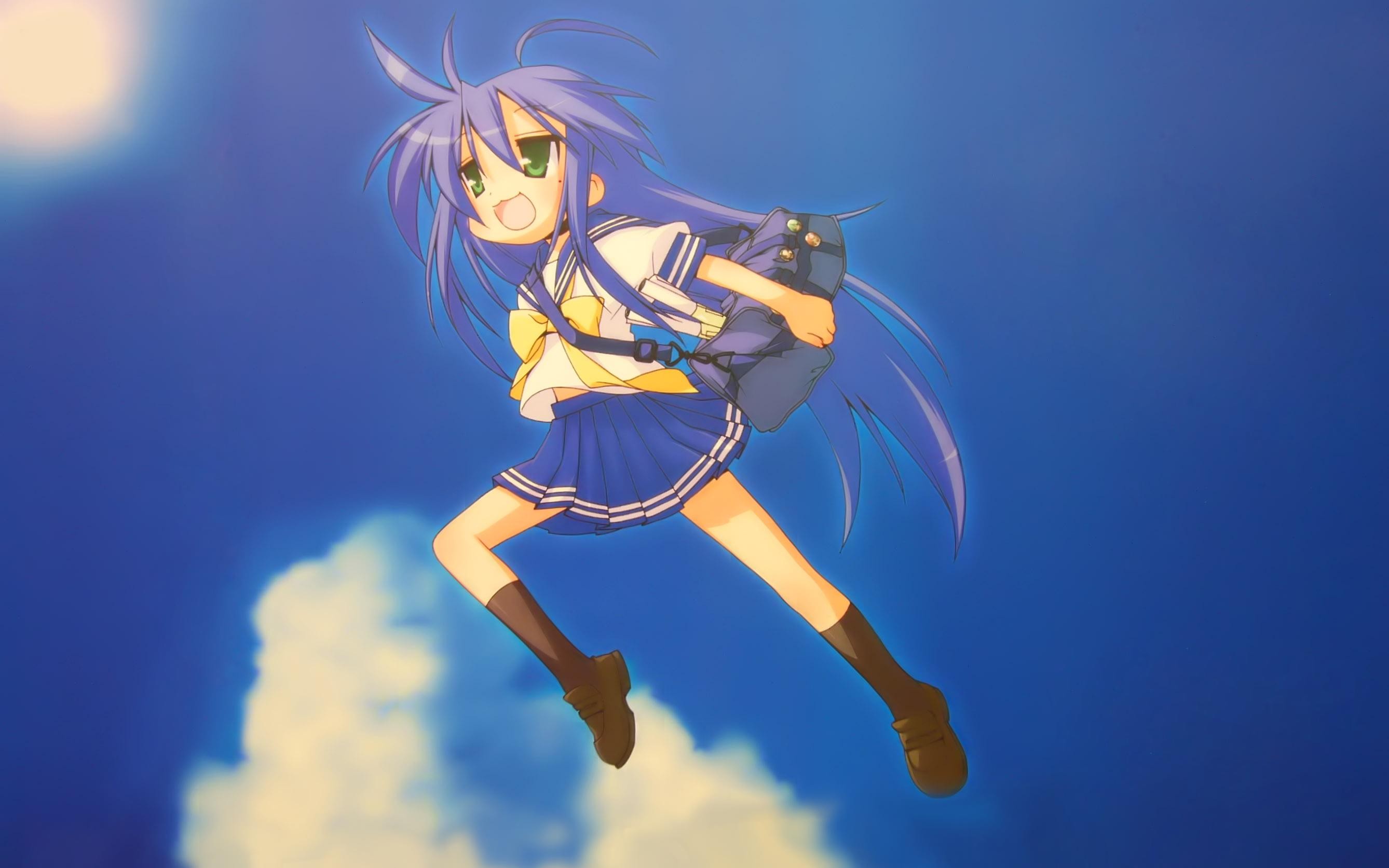 Anime 2676x1673 anime girls Lucky Star Izumi Konata anime purple hair open mouth miniskirt green eyes sky
