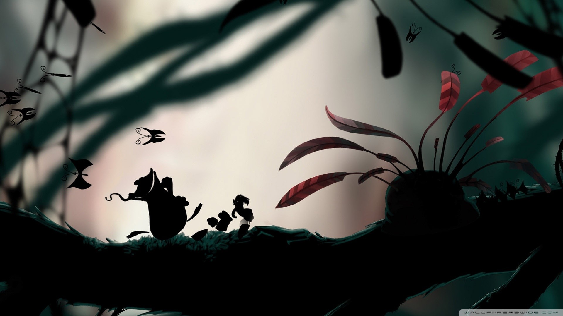 General 1920x1080 video games silhouette Rayman Rayman Legends video game art artwork branch jungle dark video game characters log butterfly