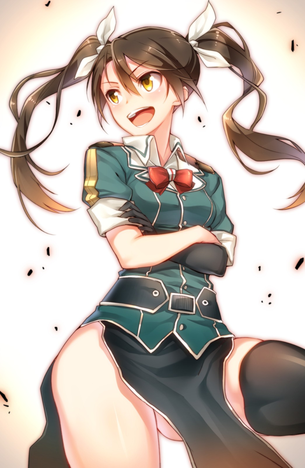 Anime 1046x1601 Tone (KanColle) anime girls anime missing sock Kantai Collection twintails Cut (artist) arms crossed open mouth brunette yellow eyes long hair simple background beige background standing thigh-highs