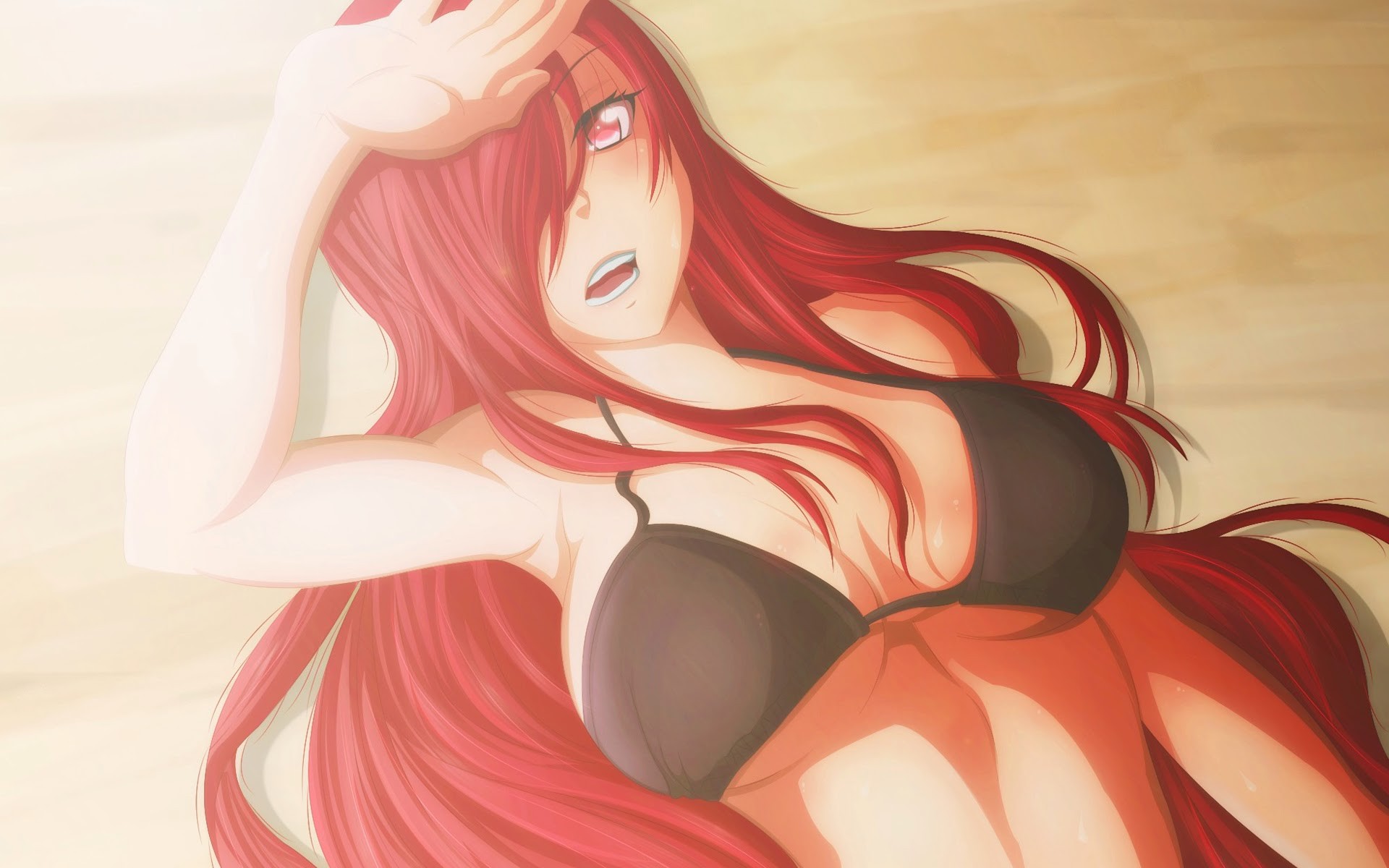 Anime 1920x1200 Scarlet Erza Fairy Tail ecchi bikini redhead manga red eyes boobs wet big boobs huge breasts long hair women open mouth hair covering eyes looking at viewer arms up armpits