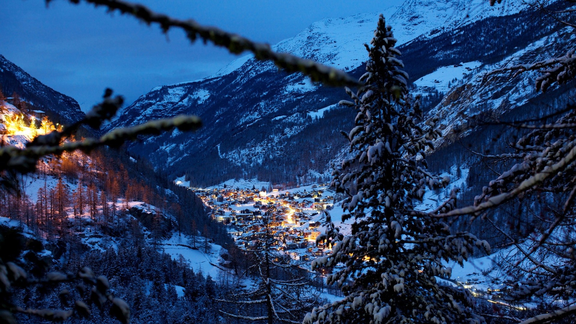 General 1920x1080 landscape night winter cityscape nature trees forest pine trees mountains Switzerland Swiss Alps valley snow evening lights village house