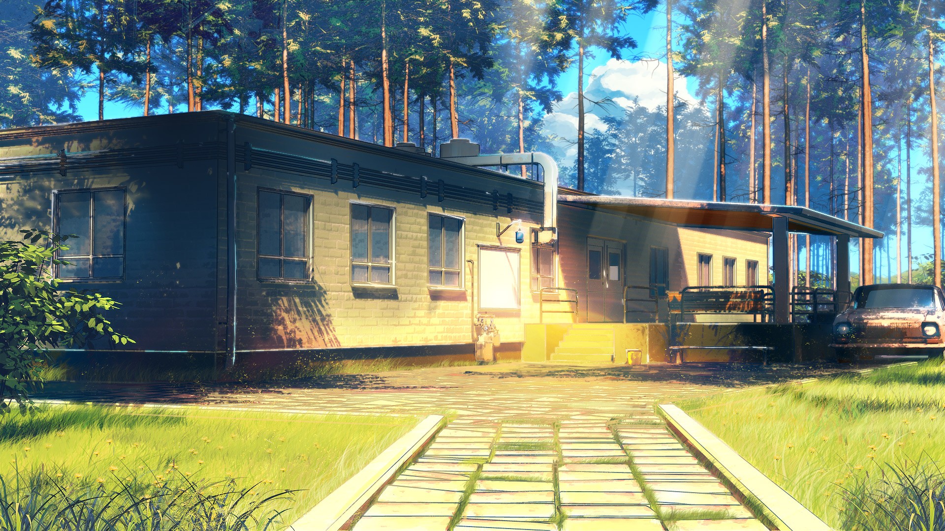 Anime 1920x1080 building sunlight path forest Everlasting Summer (visual novel) house anime car