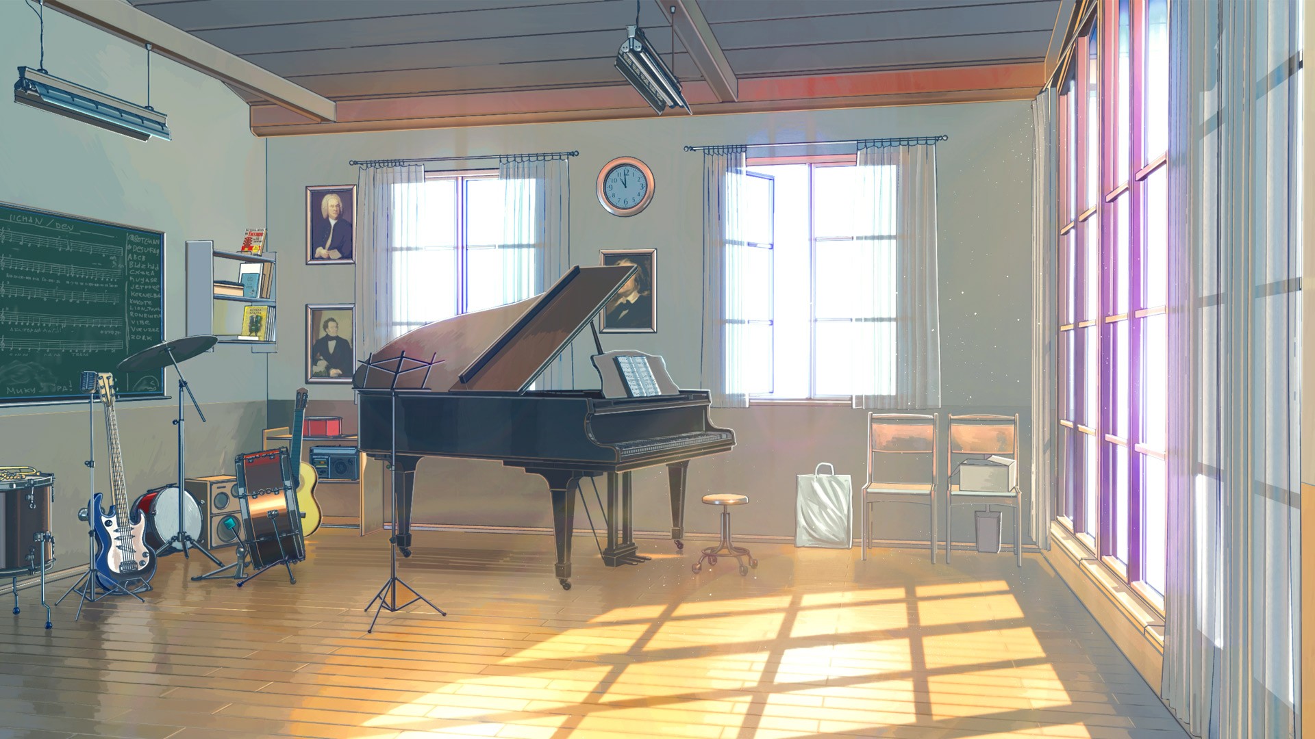 General 1920x1080 Everlasting Summer (visual novel) piano clocks guitar drums ArseniXC sunlight musical instrument indoors chalkboard