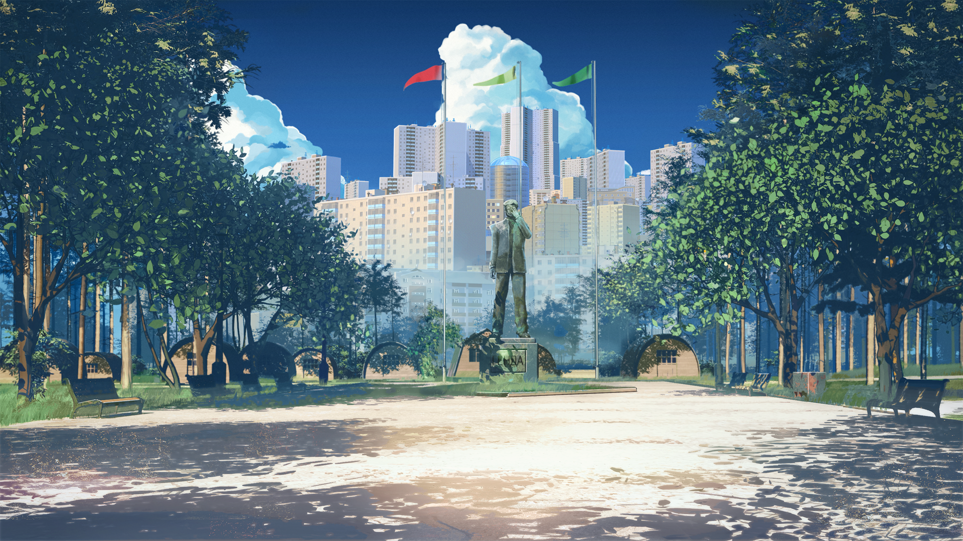 General 1920x1080 cityscape clouds flag bench statue ArseniXC Everlasting Summer (visual novel) anime trees digital art