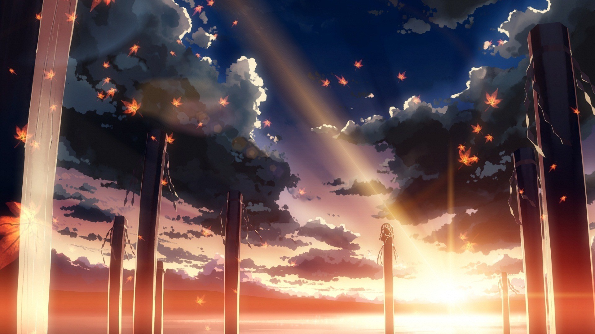 Anime 1920x1080 Touhou anime sky sunlight clouds leaves sun rays Sun outdoors Yasaka Kanako