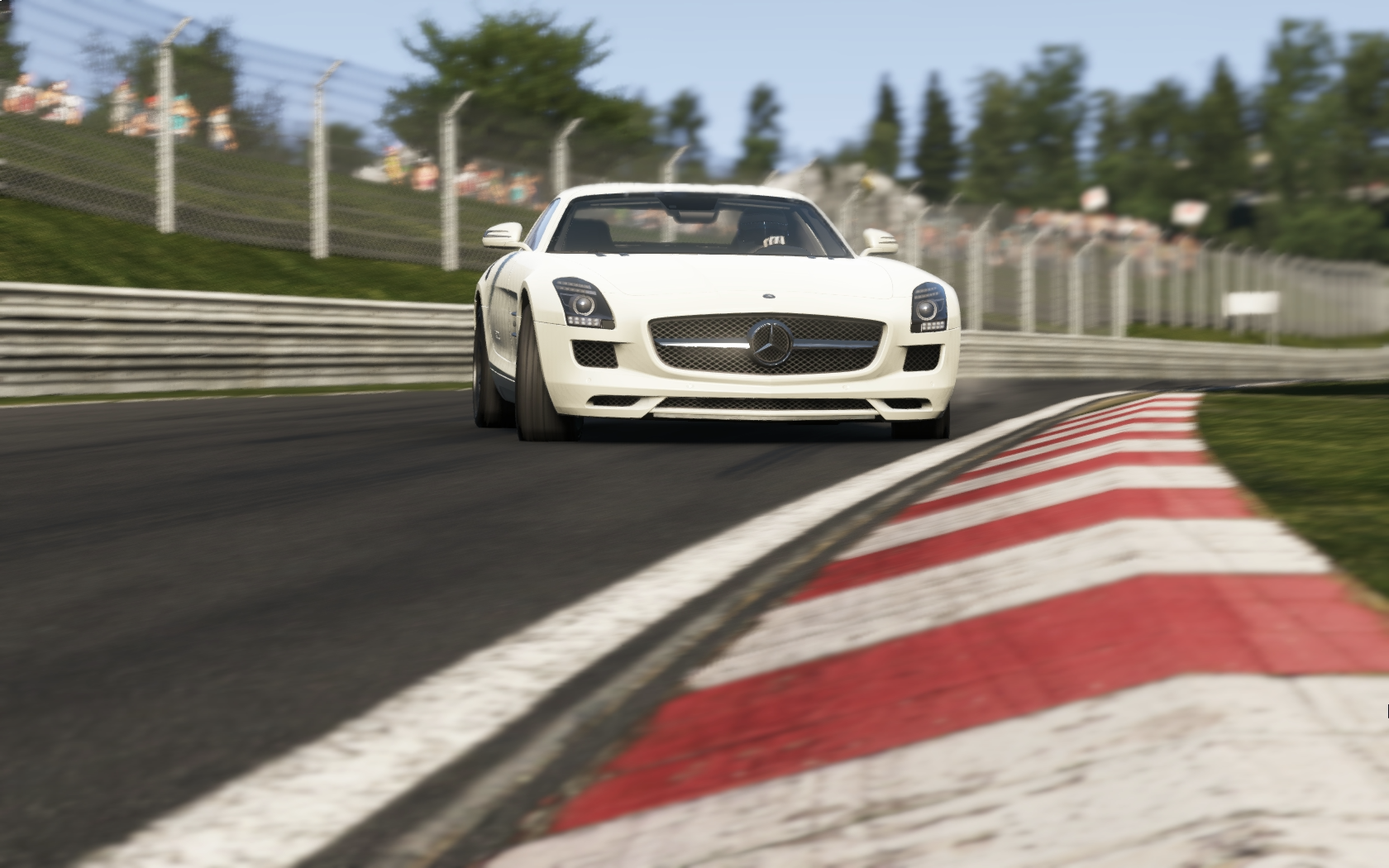 General 1680x1050 Project cars Mercedes-Benz Mercedes-Benz SLS AMG Nurburgring racing car drift vehicle white cars video games PC gaming screen shot