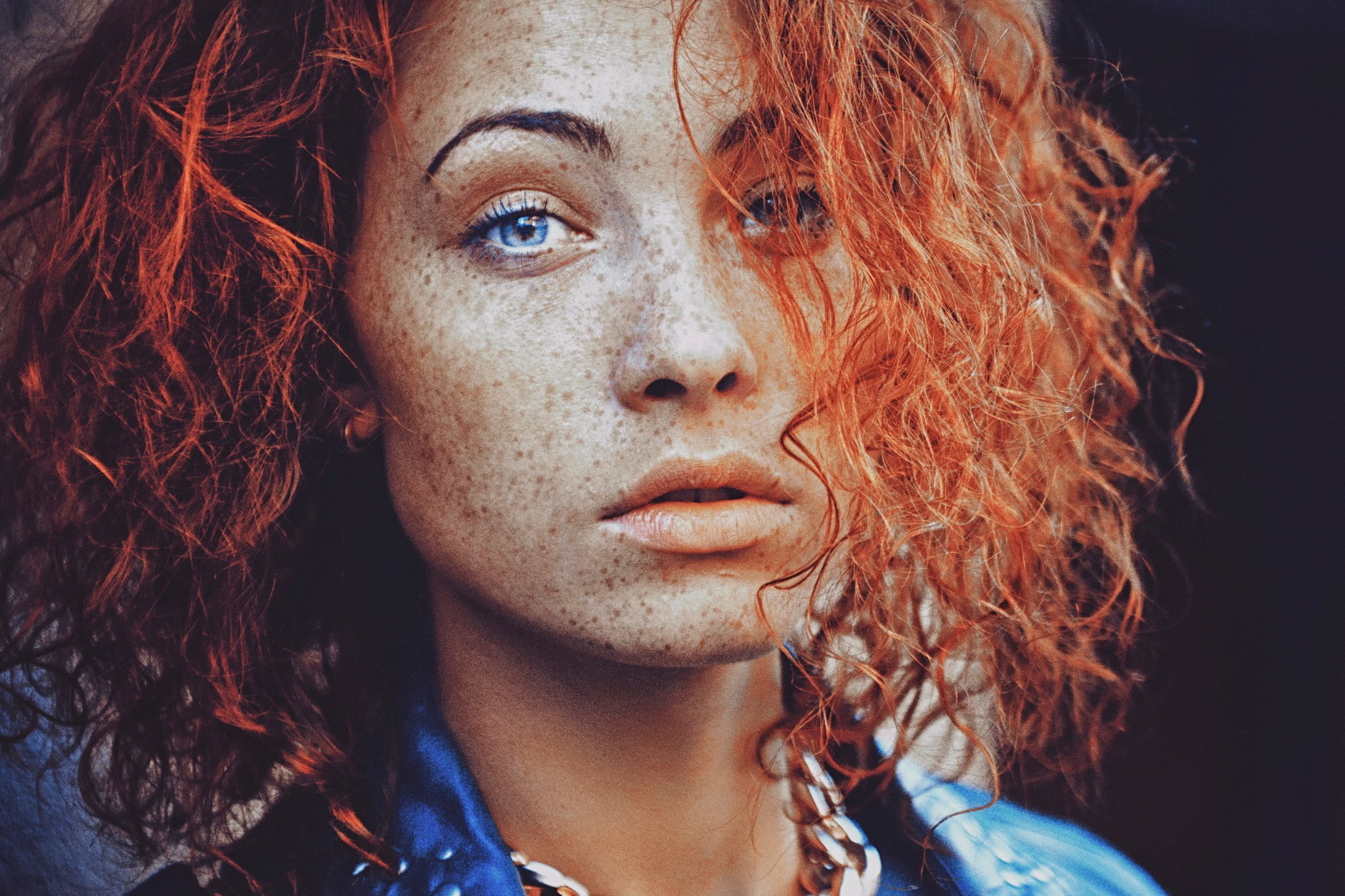 People 2048x1365 women model redhead face curly hair open mouth freckles blue eyes looking at viewer closeup portrait dyed hair