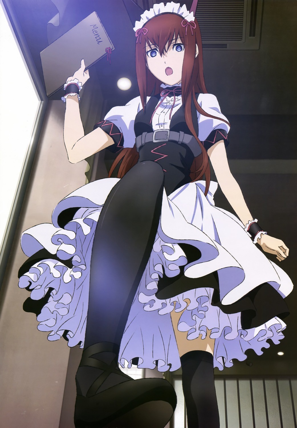 Anime 1042x1500 Steins;Gate Makise Kurisu stockings black stockings low-angle open mouth anime anime girls legs