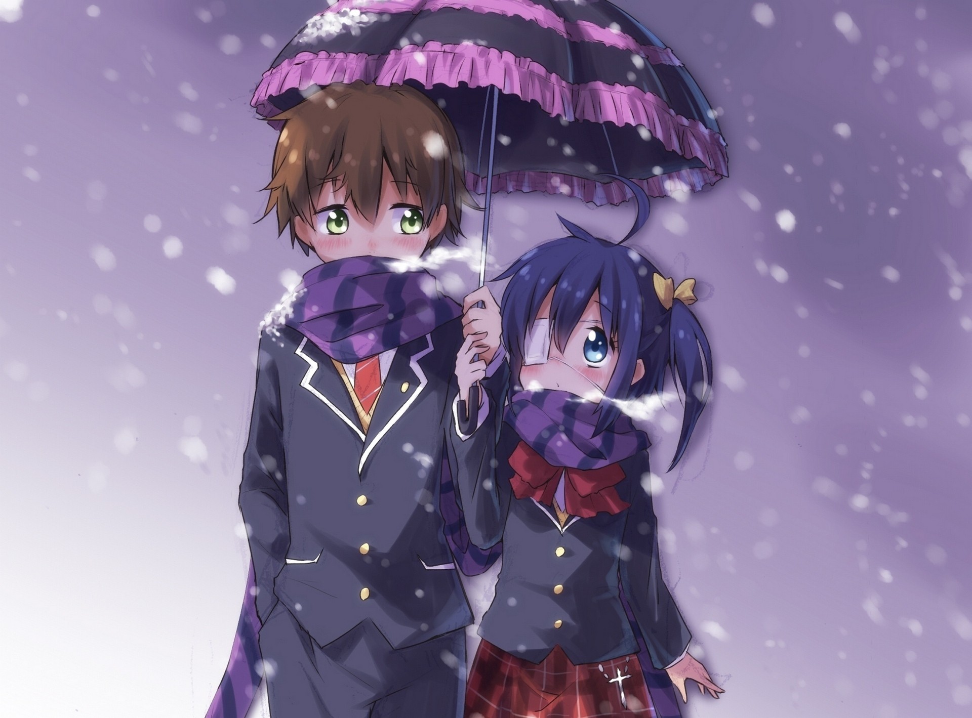 Anime 1920x1419 anime winter Chuunibyou demo Koi ga Shitai! Takanashi Rikka Togashi Yuuta umbrella eyepatches