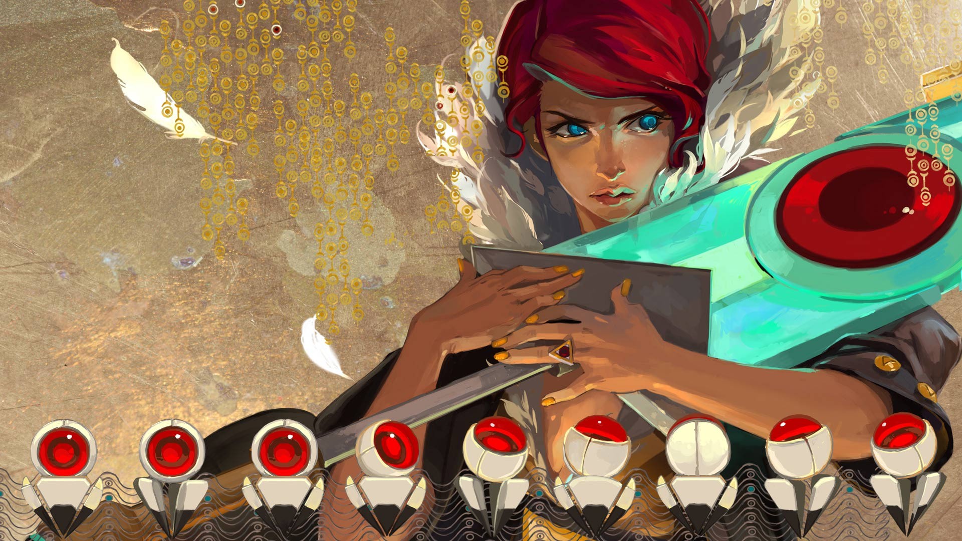 General 1920x1080 Transistor Red (Transistor) blue eyes redhead artwork video games PC gaming video game art video game girls aqua eyes women yellow nails painted nails feathers