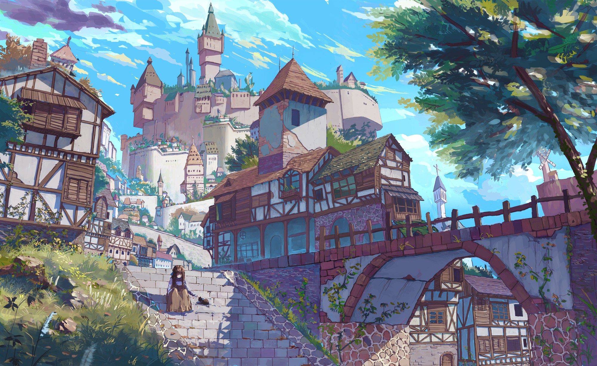 A medieval fantasy anime city from the bottom of a r...