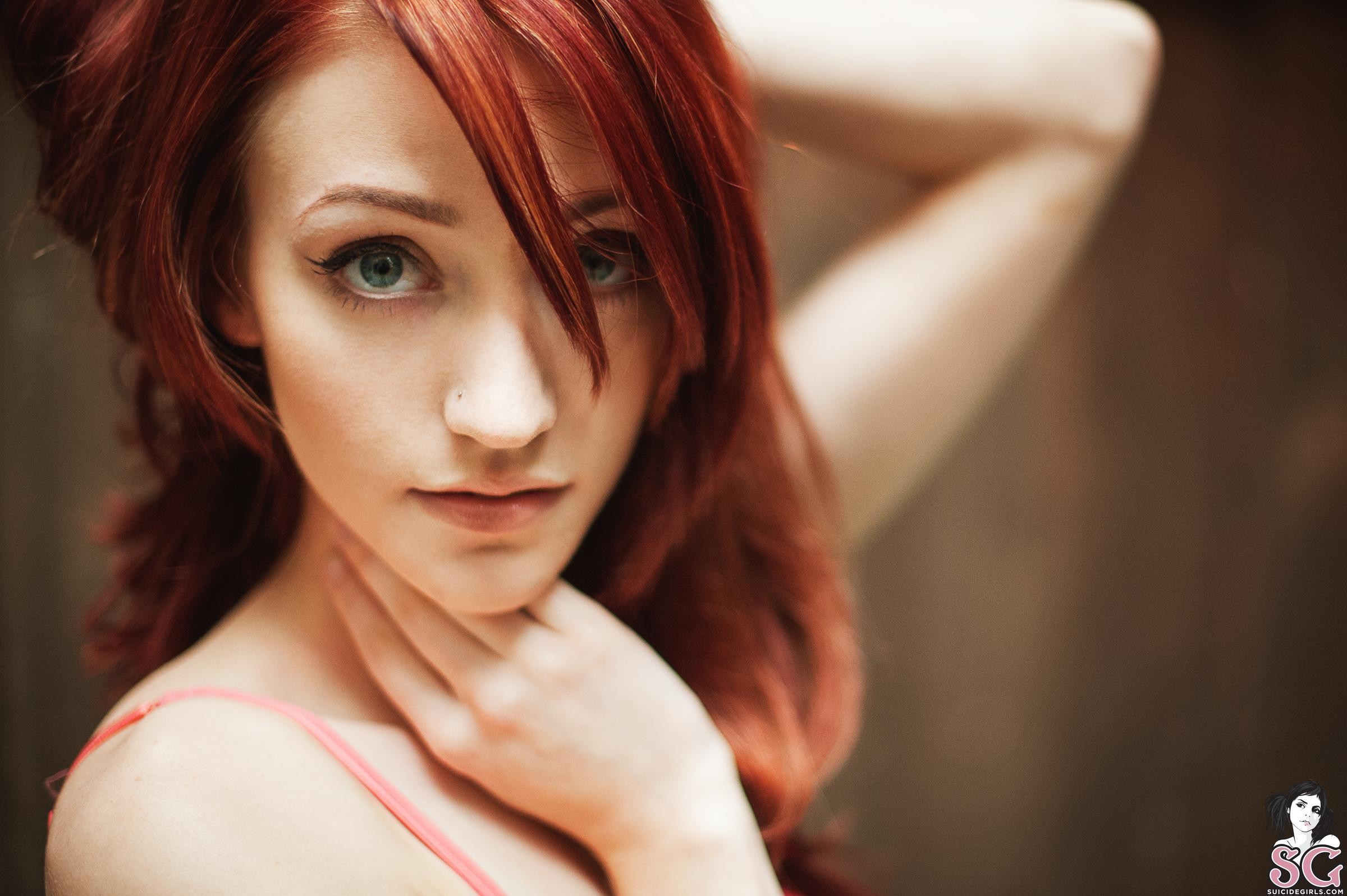 People 2400x1597 redhead Suicide Girls Lindsay Chelle women face eyes looking at viewer arms up closeup model
