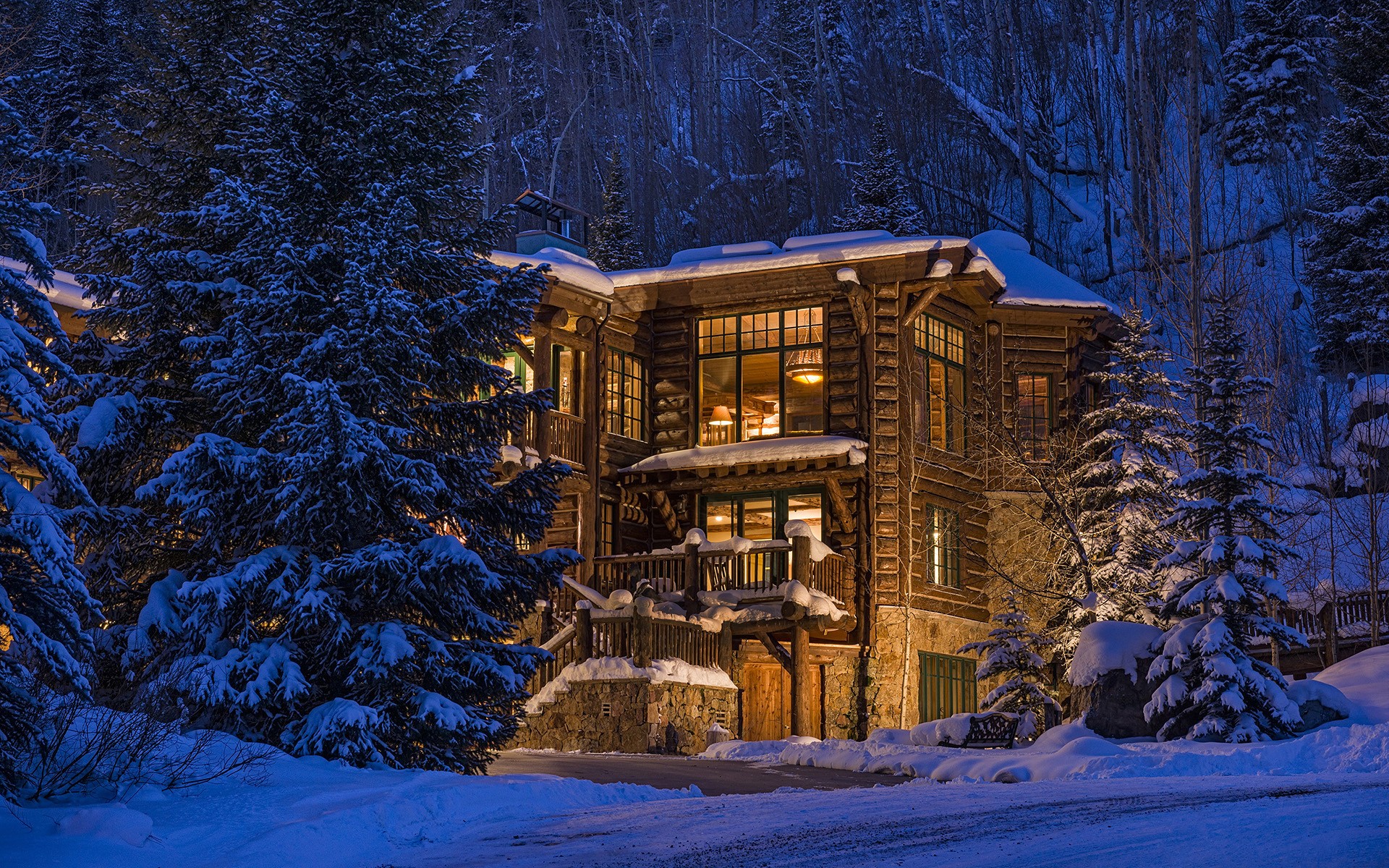 General 1920x1200 nature trees forest architecture Colorado USA house winter snow evening lights wood luxury