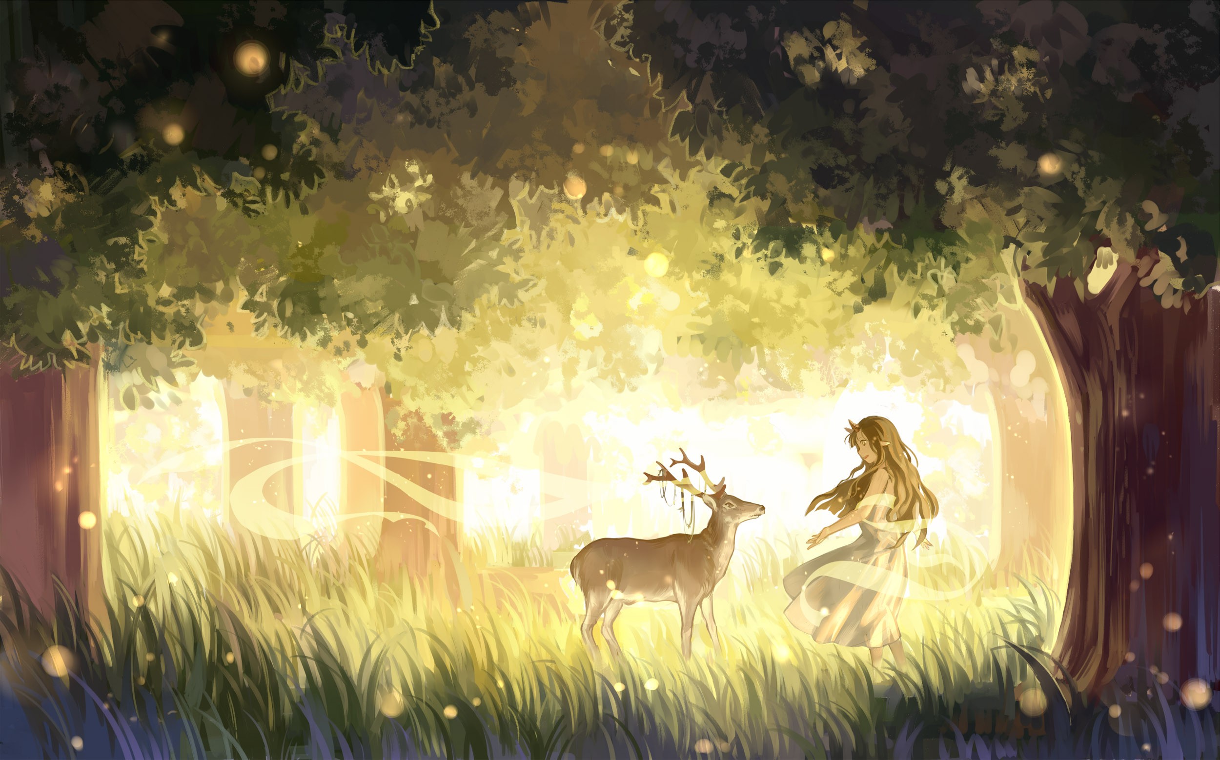 Anime 2500x1558 artwork nature fantasy art anime animals mammals deer trees outdoors sunlight