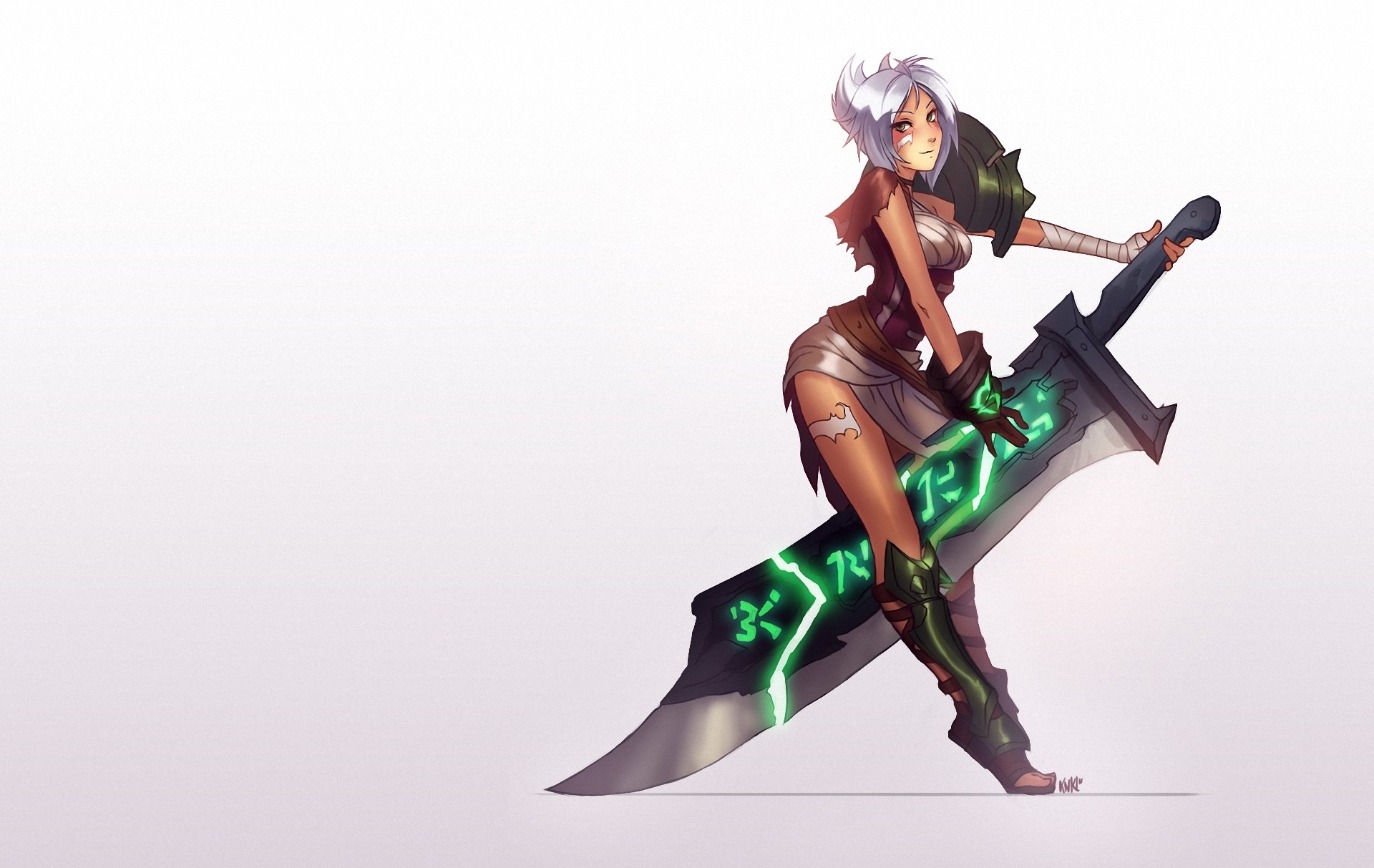 General 1920x1213 League of Legends Riven (League of Legends) simple background white background PC gaming anime girls anime sword video game art video game girls women with swords legs looking at viewer fantasy art fantasy girl silver hair