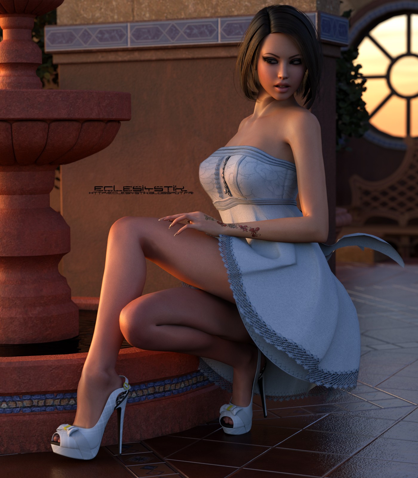 General 1400x1600 boobs heels white heels legs digital art CGI inked girls brunette squatting
