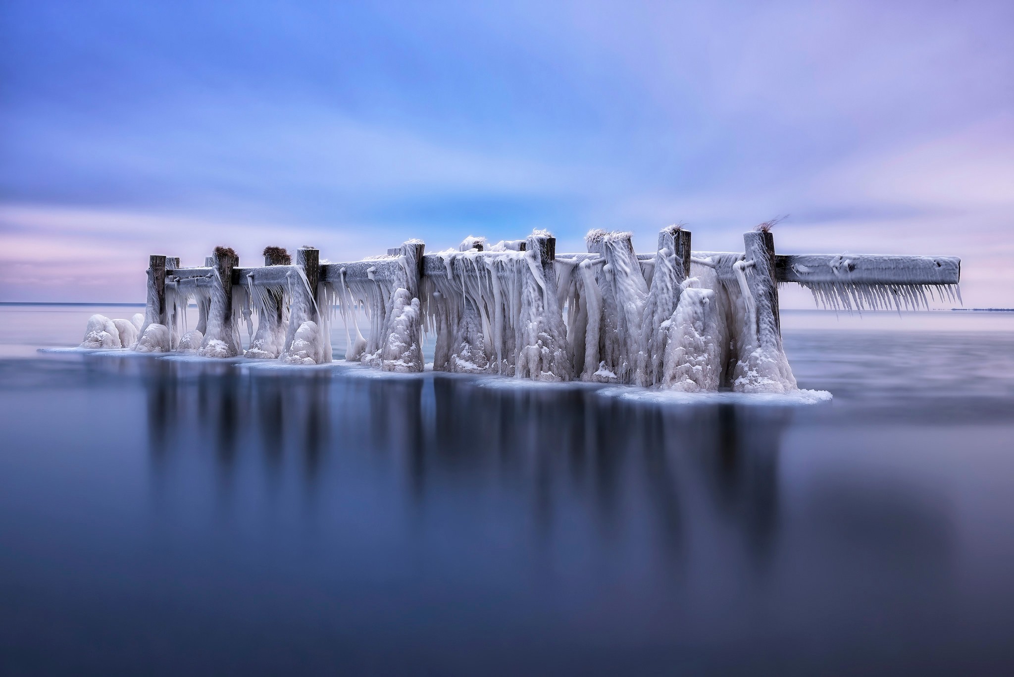 General 2048x1367 nature landscape winter snow ice water pier long exposure clouds reflection