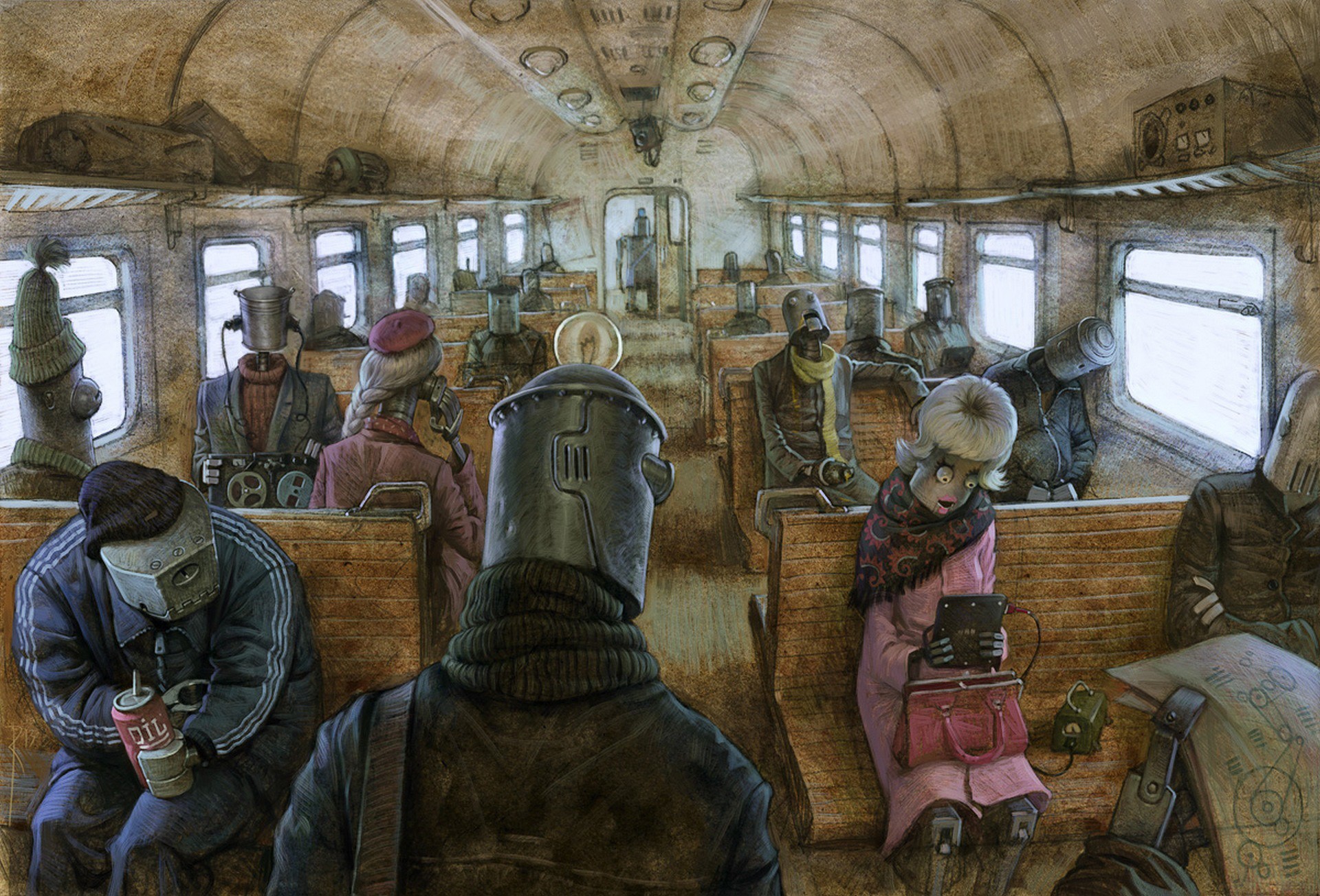 General 1920x1304 artwork drawing train vehicle interiors metal crowds robot window Machinarium video games